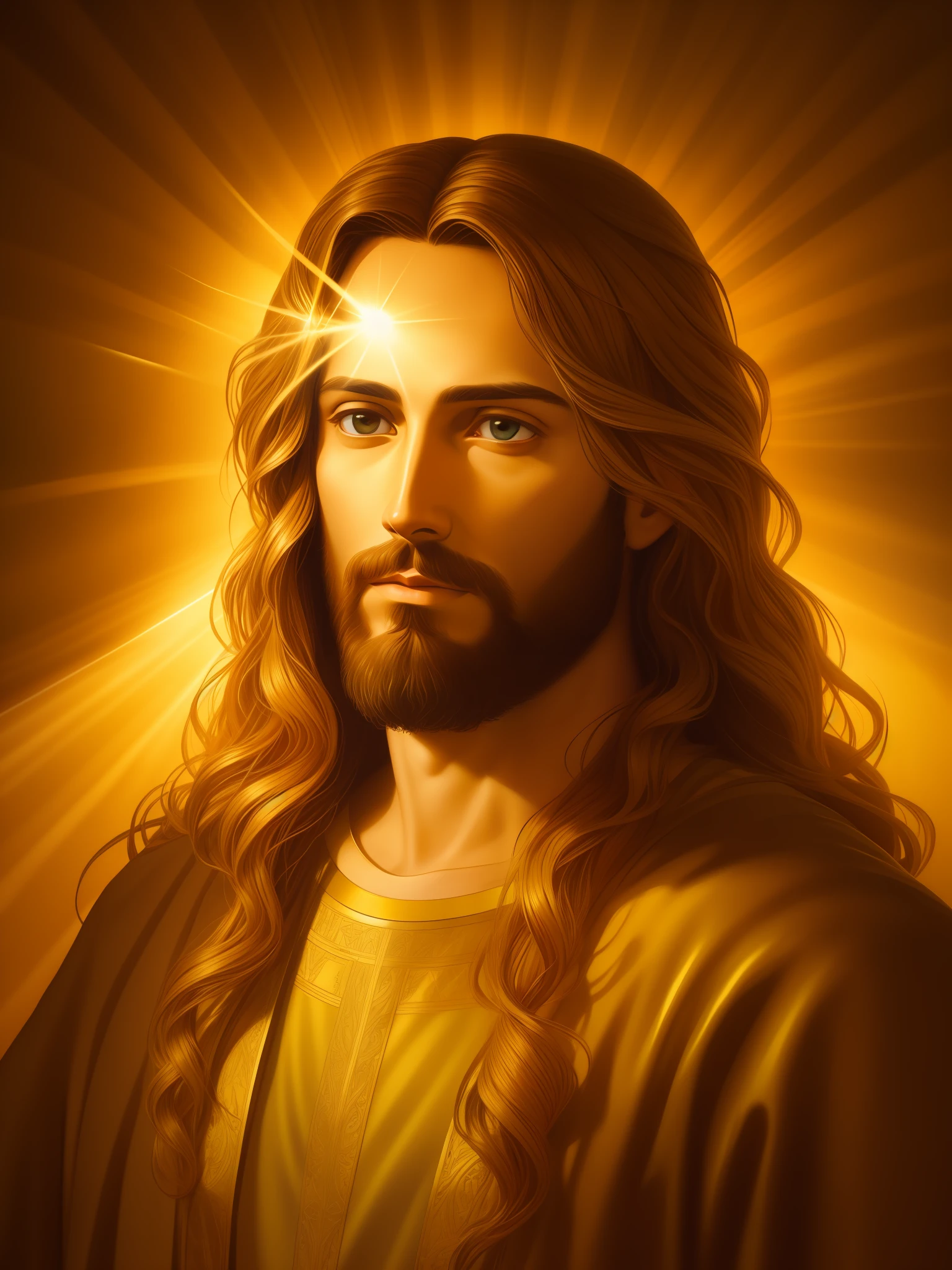 Highly detailed portrait of Jesus Christ, gold, divine rays, detailed and intricate environment