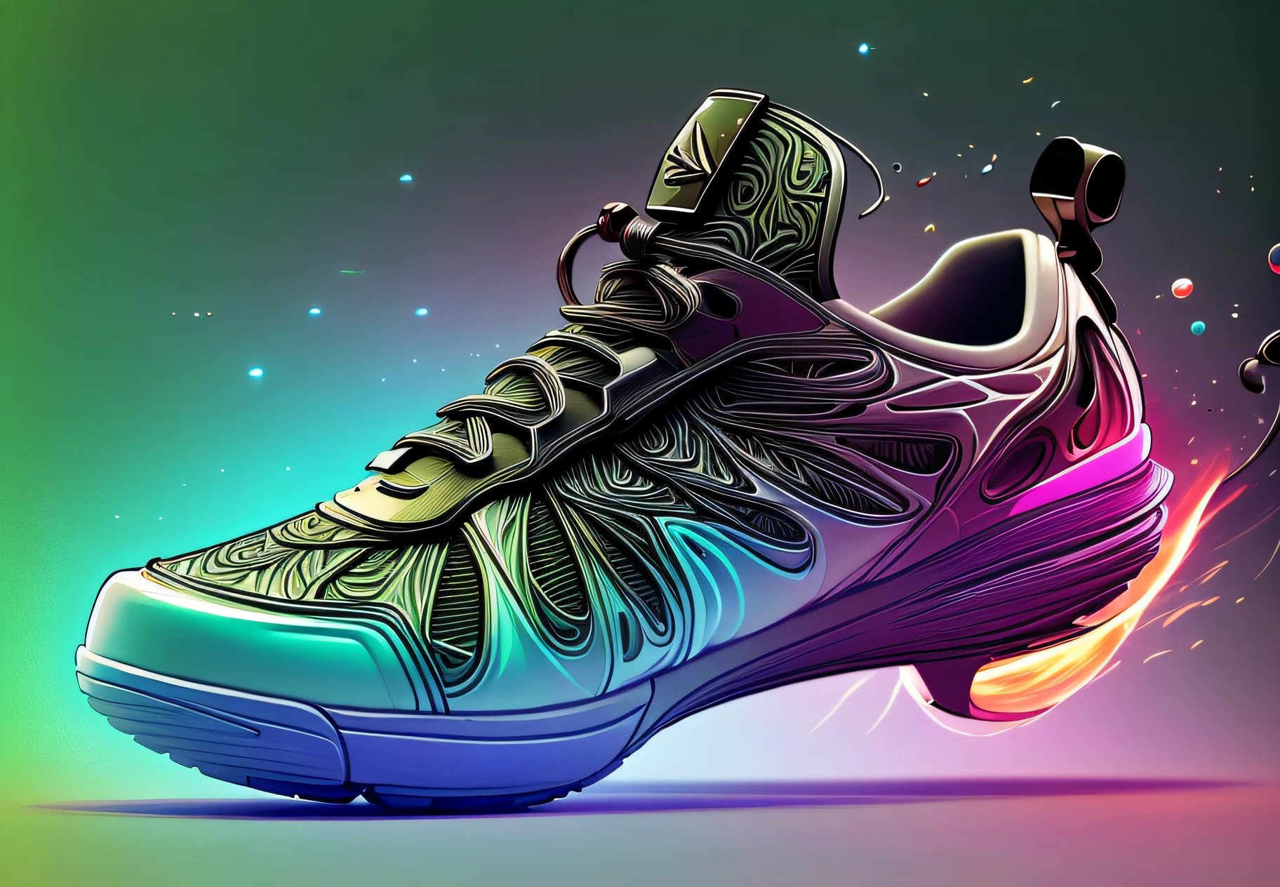A sneaker, Art should have photorealistic, ultrarealistic, ethereal colors of random color, 3d anime style vector, full 3d shot, alcohol abstract paint, cosmic, outer space and fire colors Art should be centered, stylized and elaborate. High quality details, concept art, smooth and sharp focus, illustration, highly detailed soft natural volumetric cinematic light, intricate art masterpiece