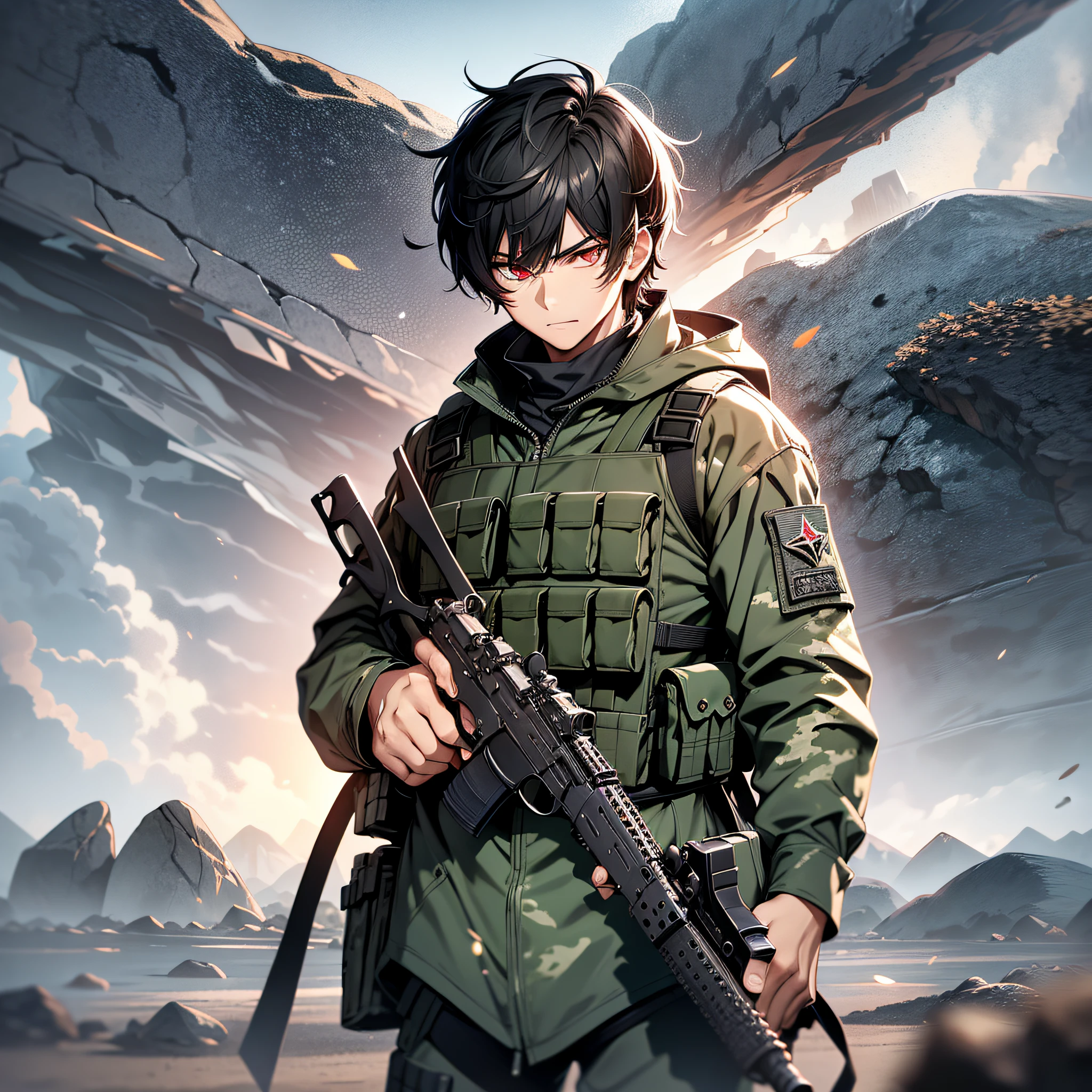 young boy, bulletproof vest, M4A1, rifle in his hands, wearing military iniform with camouflage of errand, military clothes, black hair, red eyes, in a desert full of rocks, cloudy weather, light rain, looking at the viewer, victorious pose, 4k, good anatomy, better quality, sharp face