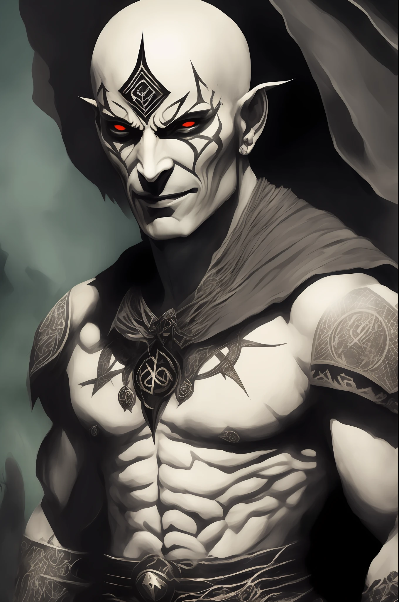 Villain with cadaverous white skin, detailed black eyes, bald and cruel smile, mature, 50 years. Thin, withered lips. Wearing a black tunic (apparent hairless chest) richly embroidered and with stones, behind him is a hazy background deep in the shadows of a hellish abyss, the avenger of the dragon cave, mumn-ra, body all tattooed with pagan runes, illustration, face without paintings