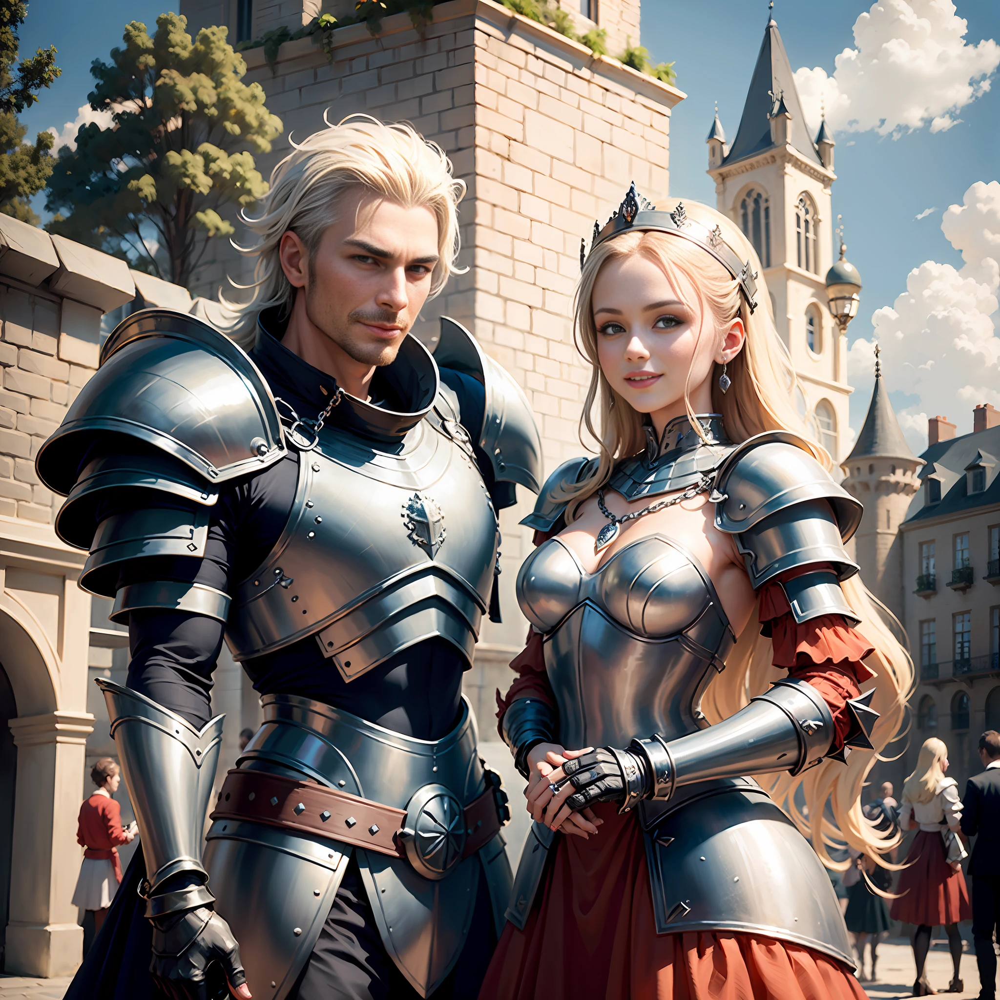(((Medium shot))), couple, (a man and a woman), two individuals, outside the castle, jousting, playful, playful, sweet, happy, smile, armor, chain mail, armor, happy, pretty eyes, playful, surrealism, pov, romanticism, cinematic lighting, 8K, UHD, masterpiece, ccurate, anatomically correct, textured skin, high detail, high quality, high resolution, award-winning, best quality, 16K, bad body, bad hands, bad legs.