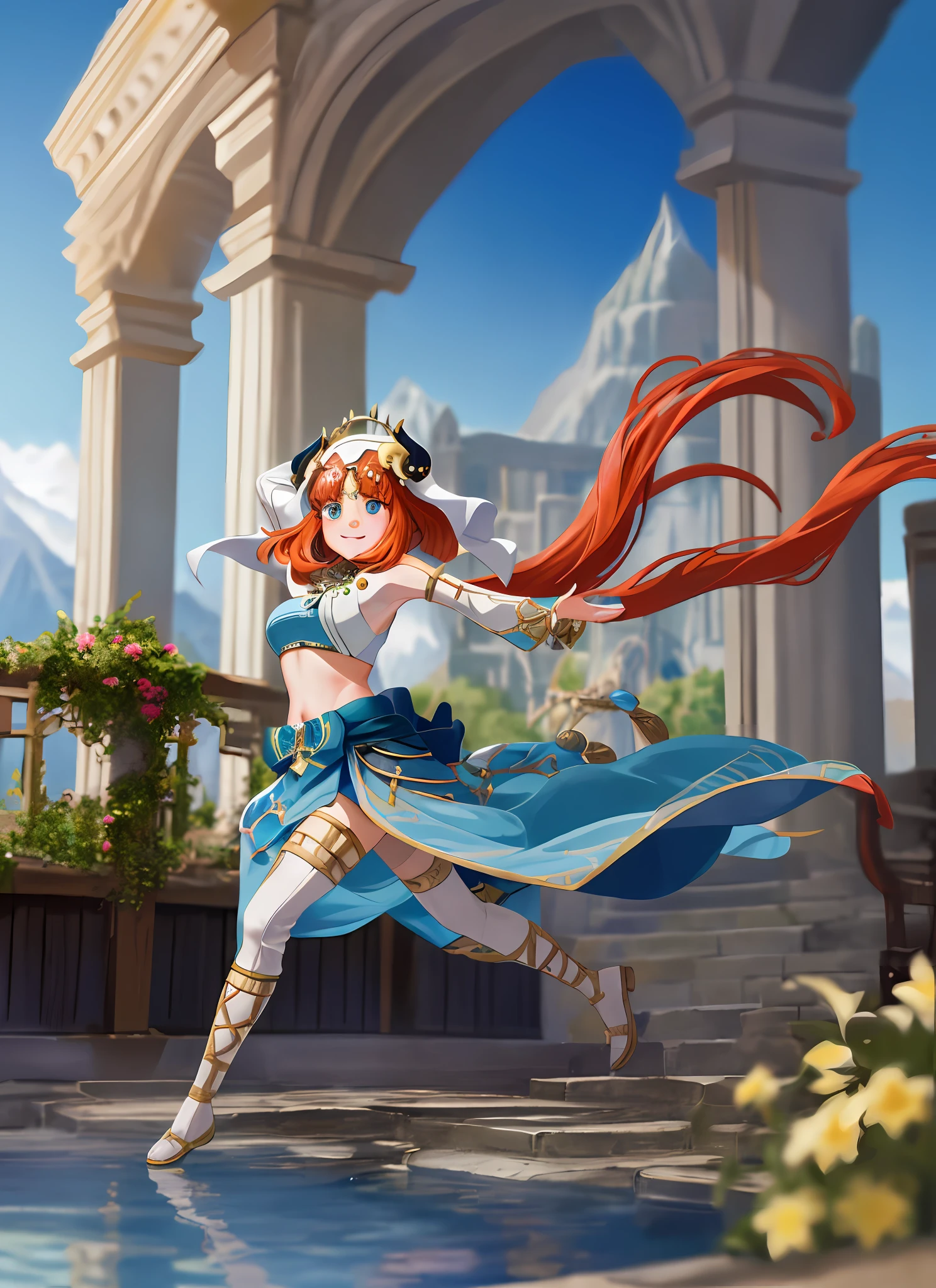 niloudef, full body, smile, blush, outdoors, daytime, simple background, blue sky, short hair, sky, temple, looking at the audience, stairs, mountains, moody lights, facing the audience, dancing, huge, tights, hot spring soak