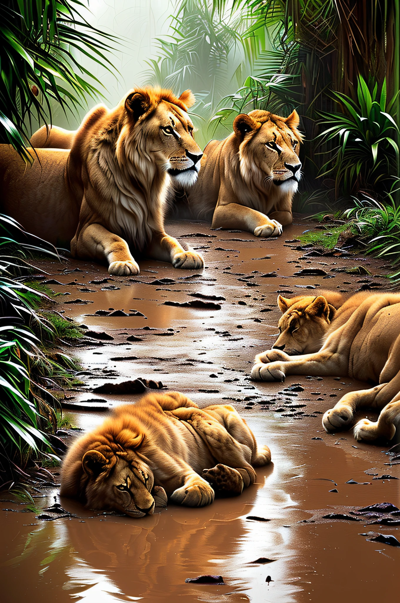 [[two lions]], in jungle, ((close up)) detailed, muddy floor, rainy weather, digital painting, artstation, concept art, breathtaking, high details, extremely detailed, beautiful, establishing shot, hyperrealistic, unreal engine 5