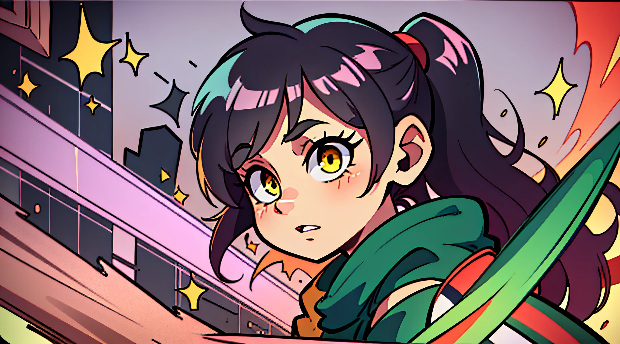 masterpiece, high quality, (anime), best quality, 1girl, very detailed eyes and face, very detailed background, loose black and red shirt, dynamic pose, dynamic light, full body, ponytail hair and yellow and dark green, background: rainbow