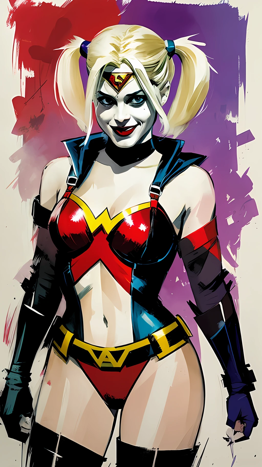 justice league harley quinn, in the style of william wray, ashley wood, gregory manchess strip painting