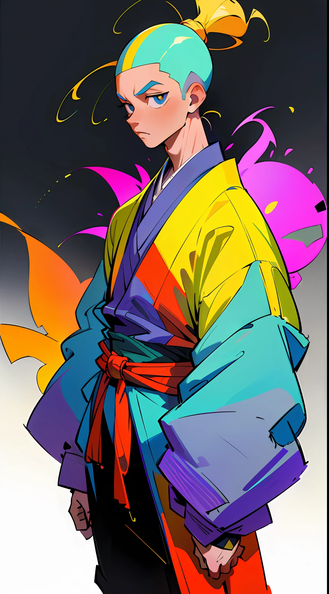 center shot,upper body, colorful cyber kimono,((32k, 8k, masterpiece,high quality)), a man,((skin head)),((upright)), solo,1man,cowboy shot,full body,looking at biewer,((white background,simple background))