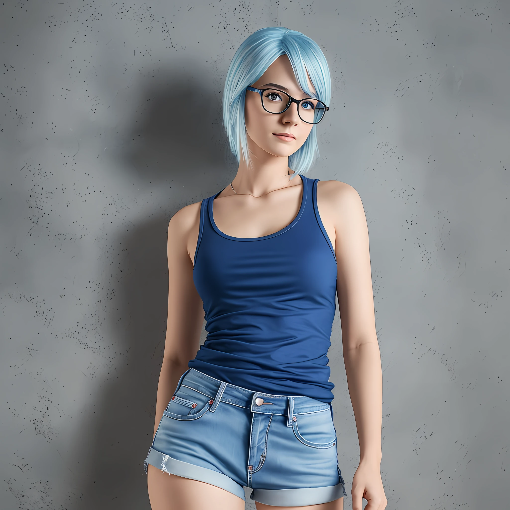 Woman 25 years, western, blue hair, glasses, blue t-shirt, and short jean shorts, high quality, ultra realistic, full body --auto --s2
