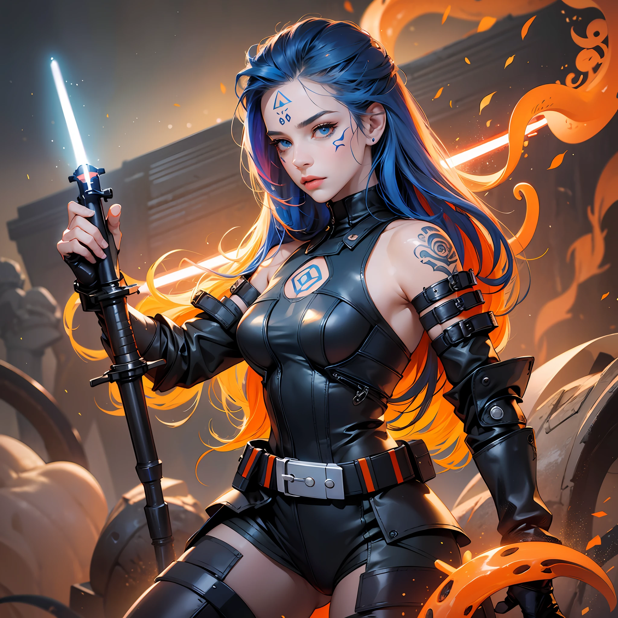 masterpiece, best quality, highres, 1girl, ground, blue eyes, boots, orange skin, gloves, tattoo, tentacle hair, colored skin, face mark, face tattoo, belt, forehead mark, lips, armor, long hair, lightsaber, holding weapon. --auto --s2