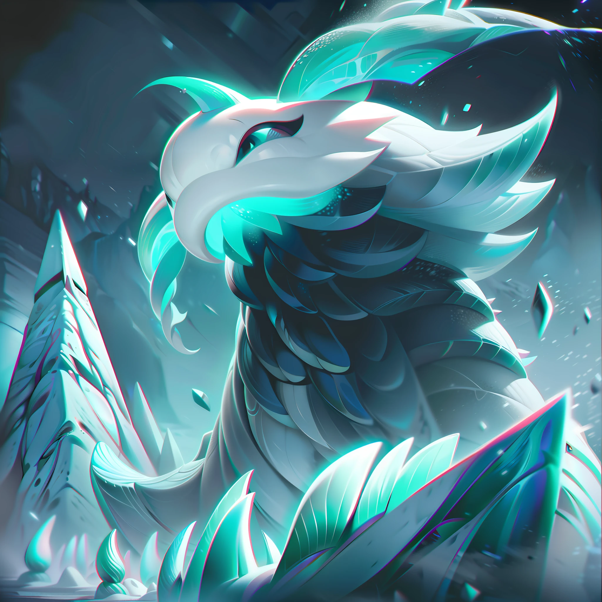 Charyne, the Arctic Leviathan, is depicted in their splashart as a fearsome and majestic creature, merging the features of a narwhal and a snow manipulator. The scene is set in a frozen, arctic landscape, with towering ice formations and a frigid atmosphere.

Charyne commands attention with their immense presence. Their body is that of a narwhal, with a long, spiraling tusk protruding from their forehead. The tusk glistens with an ethereal blue glow, emanating an aura of ancient power. Their skin is a combination of icy blue and pearl white, camouflaging them within the frozen landscape.

Charyne's eyes gleam with a deep, ancient wisdom, reflecting their connection to the elements and the Arctic realm. They possess a regal and tranquil demeanor, radiating a sense of grace and power. Their massive tail, reminiscent of a narwhal's fluke, cuts through the frozen waters with ease.

Using their snow manipulation powers, Charyne conjures swirling gusts of snow and ice crystals that surround them. The snow dances in intricate patterns, forming a protective barrier around their body. From their outstretched fins, tendrils of frosty magic extend, weaving through the air and leaving traces of frozen mist in their wake.

The frozen landscape in the background showcases towering ice formations and jagged cliffs. The arctic skies are bathed in the shimmering lights of the aurora borealis, casting an otherworldly glow upon the scene. Snowflakes fall gently, adding a serene and magical touch.

The color palette is dominated by icy blues, frosty whites, and shades of shimmering silver. The contrast between the cool tones and the occasional bursts of vibrant colors from the aurora borealis creates a captivating and mesmerizing visual experience, splashart, linhas de corpo, cores vibrantes, detalhes requintados, cinematográfico, artstation, rosto detalhado, por rossdraws, por Kienan Lafferty