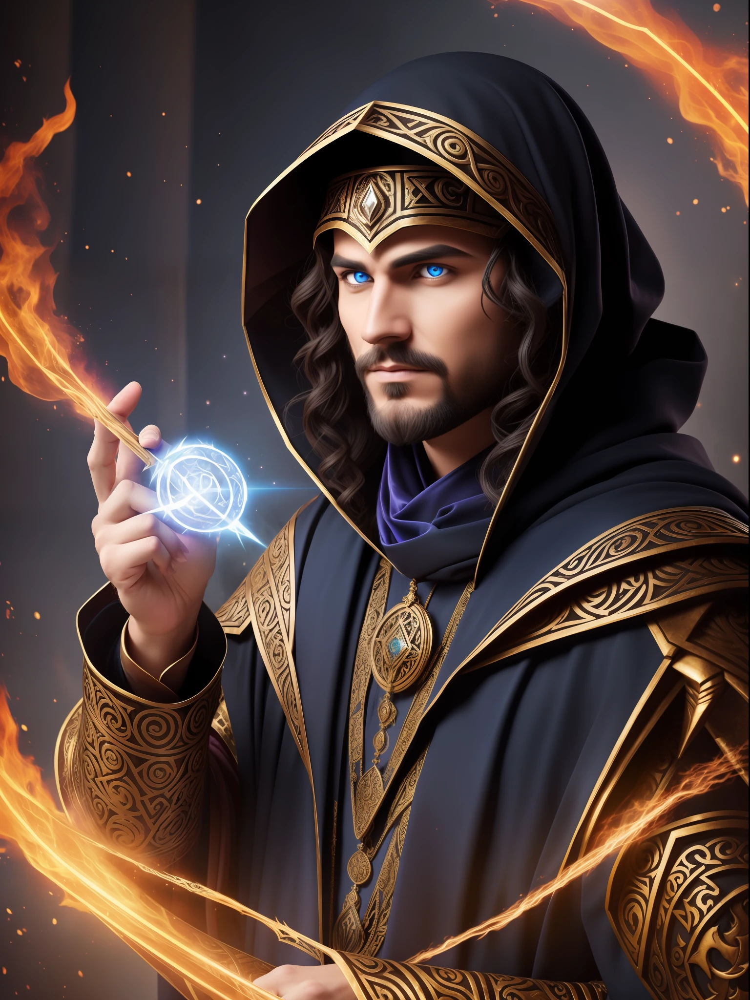 Mage, wrapped in mystical costumes adorned with magical symbols, possesses piercing eyes that glow with intensity, conveying his connection to the realms of magic. His enigmatic appearance and the bearing of magical artifacts reveal his wisdom and skill in the arcane ways