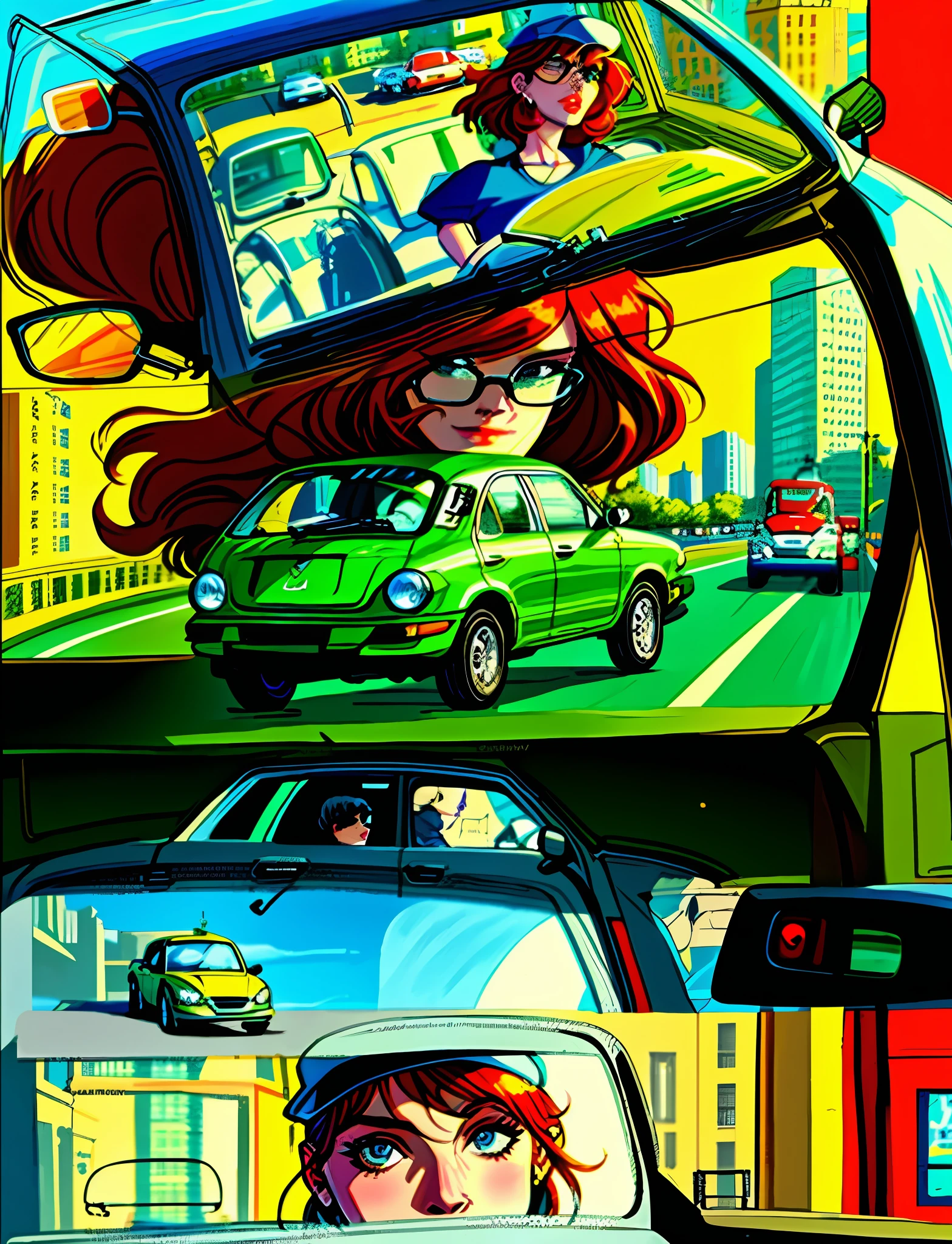 Art of a car, a green car driving on an avenue, metropolitan avenue, comic drawing, color art, color illustration, comic art, colorful art, red-haired girl, wears cap and sunglasses, girl behind the wheel, urban girl fanart, reflection of urban girl in car mirror, comic illustration, storyboard, sitting in her car, comic page, late afternoon scene,