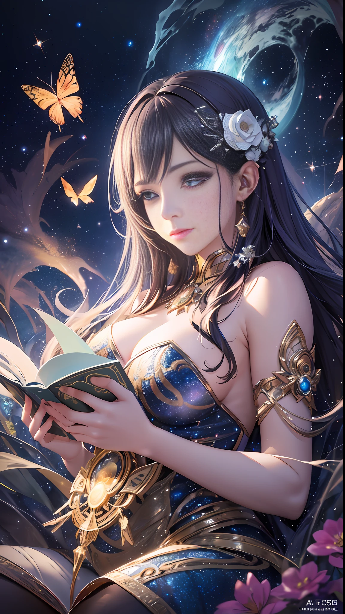 Goddess of the Moon perfect face, sitting on a rock in the forest, reading a magical book, with a stream flowing at her feet, with lit candles illuminating the whole stream, realistic face, flowers and butterflies, R.Giger, WLOP, Artgerm, abstract art, intricate watercolor painting, digital painting, explosion of colors, conceptual art, volumetric lighting, metallic reflections, swirls of glitter, Deco glow, dripping liquid stars and galaxies, 3D render, 8k. Milkyway Galaxy, trend in artstation