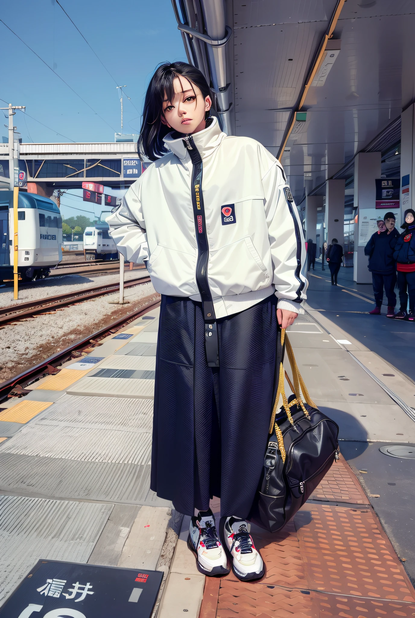 woman standing on platform with train in background at station, wearing japanese techwear, japanese streetwear, she is wearing streetwear, woman in streetwear, wearing hakama, full_body!!, photograph of a techwear woman, female streetwear blogger, inspired by Ma Yuanyu, chiho, cold as ice! 🧊, asymmetry!!, wearing off - white style