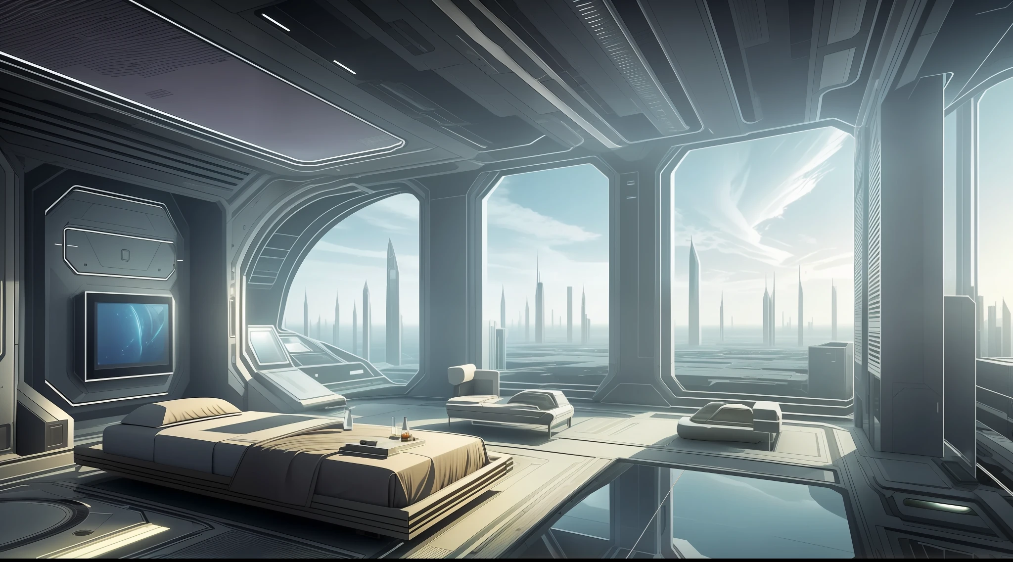 A large room overlooking a futuristic world with ultra-technological elements and overdeveloped citizens living 1000 years from now