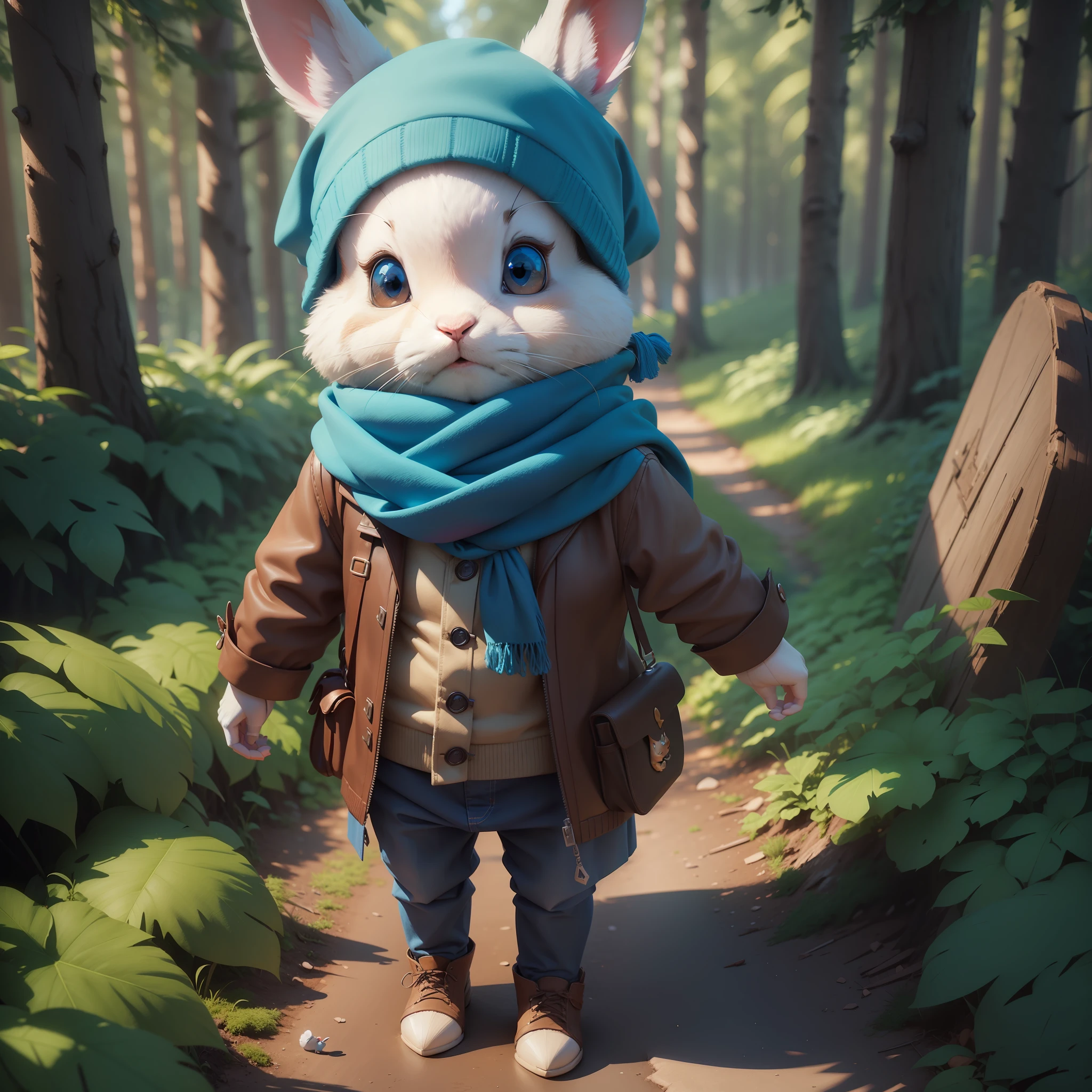 There is a little rabbit with a blue scarf, 3d rendering, looking up in the middle of the forest, portrait, cute 3d, detailed digital art, stylized 3d rendering, 3d rendered 8k character art, beautiful digital painting, disney 3d style, super detailed and cute rendering