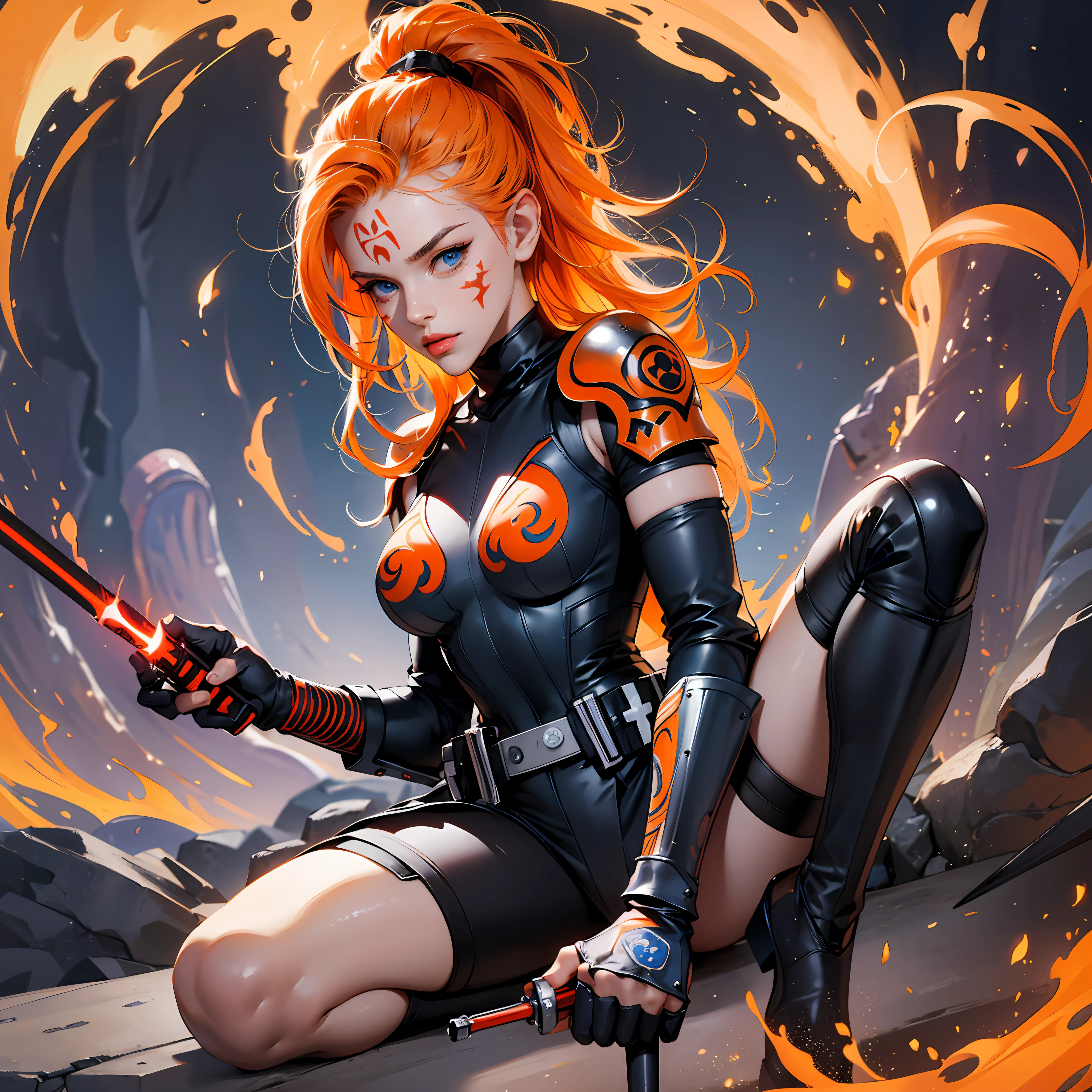 masterpiece, best quality, highres, 1girl, ground, blue eyes, boots, orange skin, gloves, tattoo, tentacle hair, colored skin, face mark, face tattoo, belt, forehead mark, lips, armor, long hair, lightsaber, holding weapon. --auto --s2