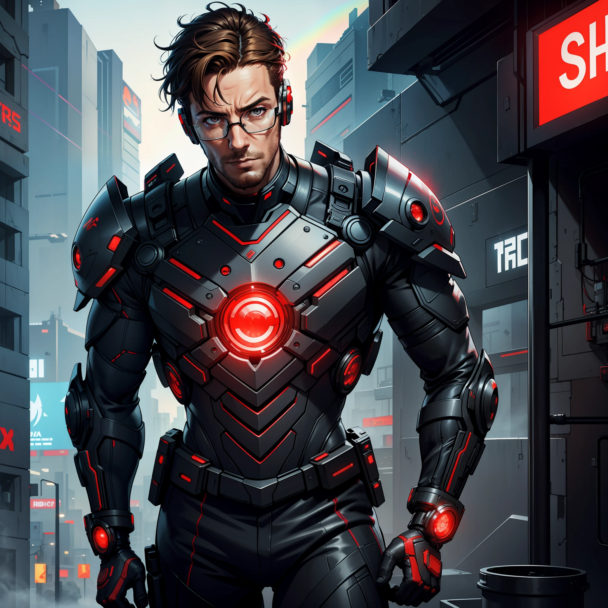 "(Red Greek Cyberpunk Tactical Suit:1) (1man) dark theme :: focus on closeup face, smart face, :: futuristic glasses :: Adam Sandler's face :: dark blonde hair short embarrassed :: ultra realistic futuristic cyberpunk agent skinny man, cyberpunk aerial view :: cool cybernetic red greek armor suit :: brown eyes :: ((aura of rainbow)) :: natural lighting :: bokeh :: 8k :: best quality :: masterpiece :: insanely detailed:1.5"