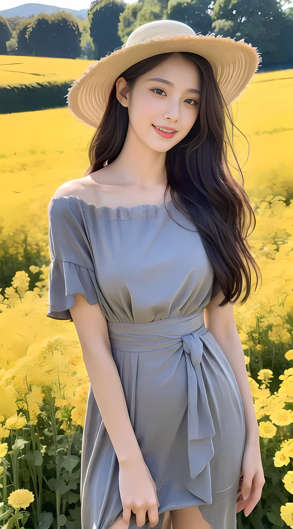((Best Quality, 8K, Masterpiece: 1.3)), girl around 20 years old, simple, extremely beautiful and delicate, (light makeup), black hair, with a big hat, sweet smile, delicate and beautiful fair skin, realistic and realistic, delicate and complete facial features, detailed face portrayal, obsidian-like beautiful big eyes, high nose bridge, red lips, beautiful gentle beautiful girl, flowing smooth hair, extremely delicate hair, feminine temperament, face light, surreal, realistic, 8K picture quality, extreme details, Realistic details, master works, realistic extreme, body, absolutely beautiful, pure desire, stunning beauty, peerless beauty, highest image quality, 8k resolution, goddess, smile, fine facial features, long hair and waist, long thick legs, beautiful dress, sunshine, facing the camera, well-proportioned and firm figure, gentle eyes, exposed thighs, in a beautiful rape flower field, full body photo