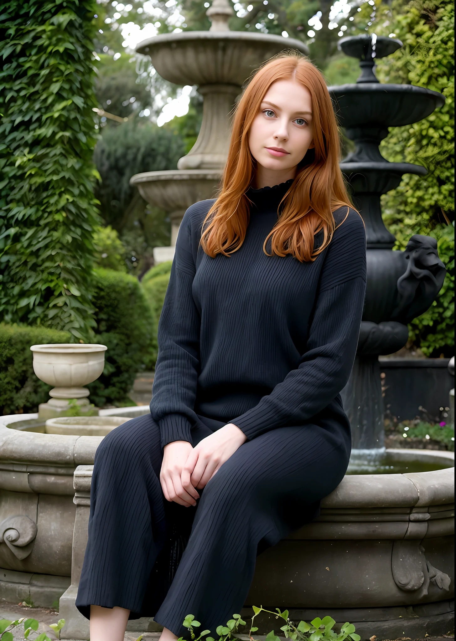 low-angle portrait, red-haired woman in pale ginger, (she is wearing a black dresssweater:1.2), black cat on her lap, (in front of a Greek Olympian landscape with fountain and water statue 1.2) (cold and gleaming lights), bright sun and jasmine wall, garden with fountain (camera lantern photograph: 1.2), background in focus, (hard shadows, sharp black background, unlit, dark theme, dim lighting, deep contrast: 1.25), jasmines, ivy, foliage, luxury location, antique garden