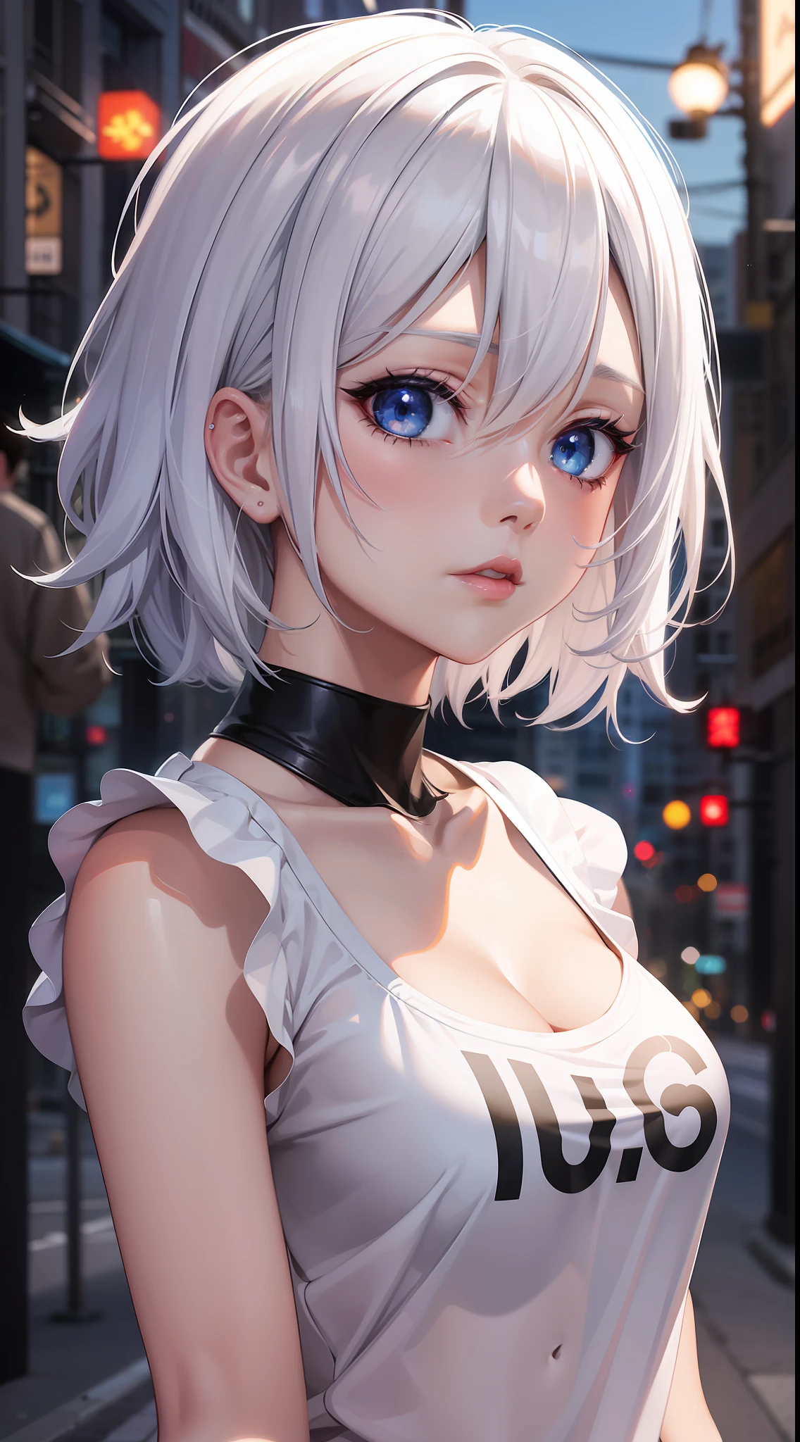 City white hair blue eyes anime girl, seductive anime girl, T-shirt, perfect white hair girl, white hair girl, detailed digital anime art, beautiful anime girl, anime style 4 K, anime art wallpaper 8 K, beautiful and attractive anime woman, advanced digital anime art, beautiful anime woman, 4k anime wallpaper, anime art wallpaper 4k, gray hair, orange light sign, big LED light, orange, short hair sexy hot body