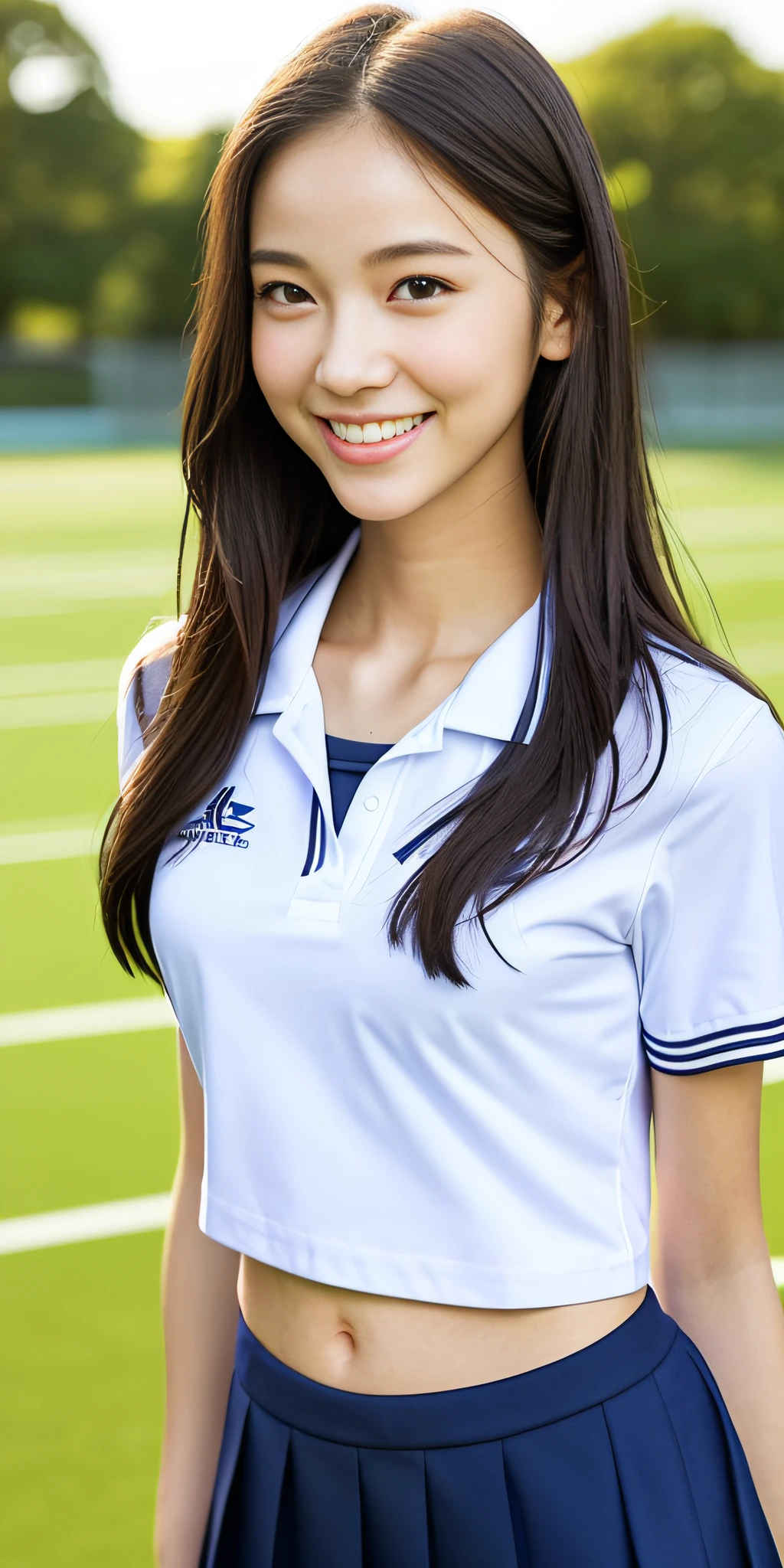 neat college girl, petite person, (school uniform, summer clothes, short sleeves), outside the athletic field, (slim), photorealistic, detail, skin texture, ultra detail, delicate and sexy collarbone, smile, super detailed face, detailed lips, detailed eyes, double eyelids, breast emphasis, navel, constriction