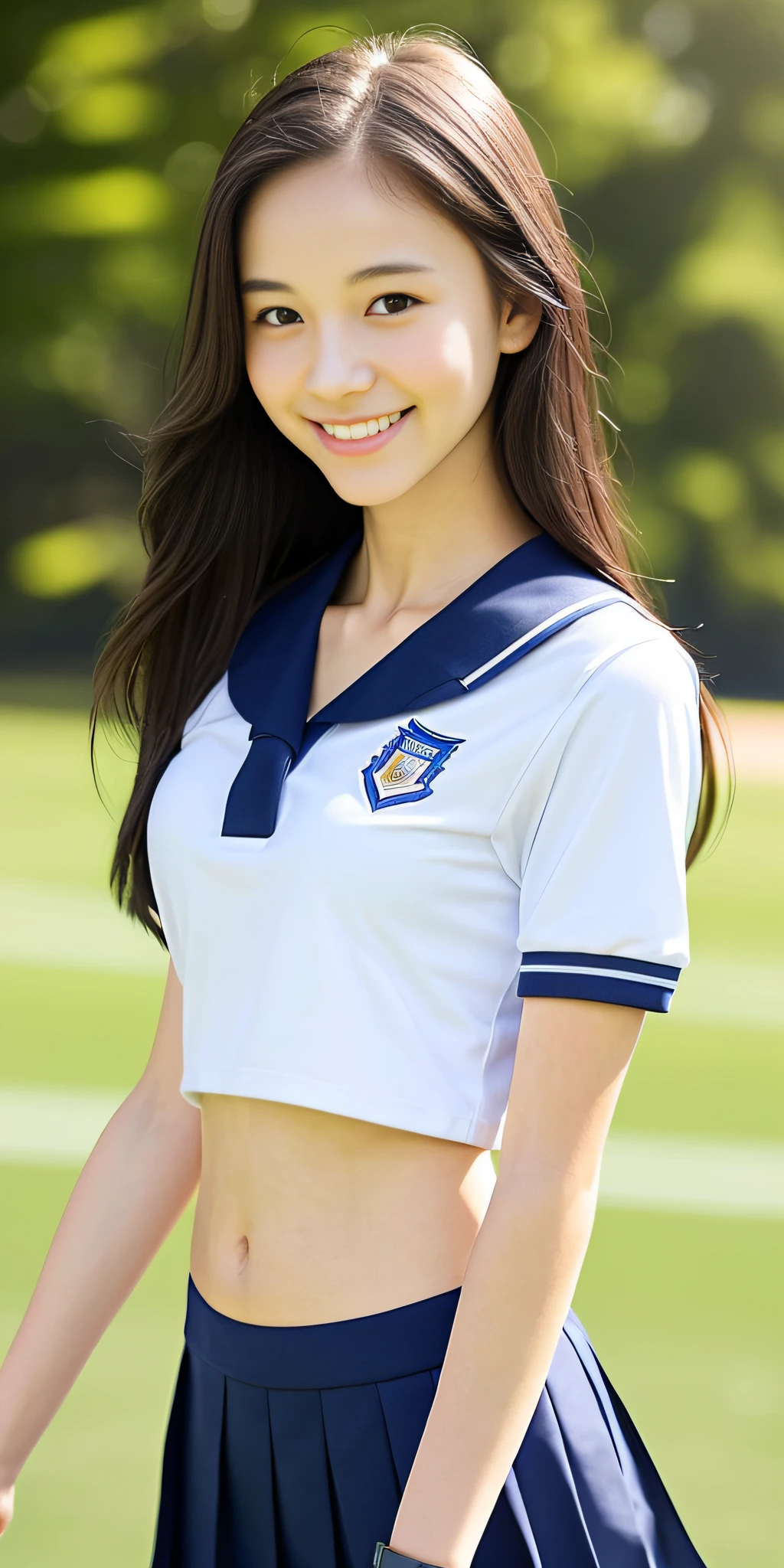 neat college girl, petite person, (school uniform, summer clothes, short sleeves), outside the athletic field, (slim), photorealistic, detail, skin texture, ultra detail, delicate and sexy collarbone, smile, super detailed face, detailed lips, detailed eyes, double eyelids, breast emphasis, navel, constriction