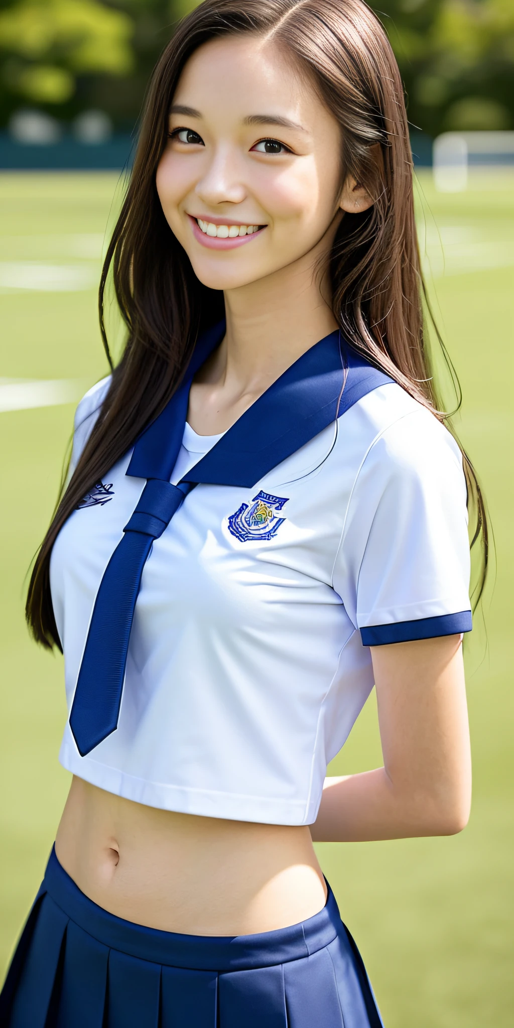 neat college girl, petite person, (school uniform, summer clothes, short sleeves), outside the athletic field, (slim), photorealistic, detail, skin texture, ultra detail, delicate and sexy collarbone, smile, super detailed face, detailed lips, detailed eyes, double eyelids, breast emphasis, navel, constriction