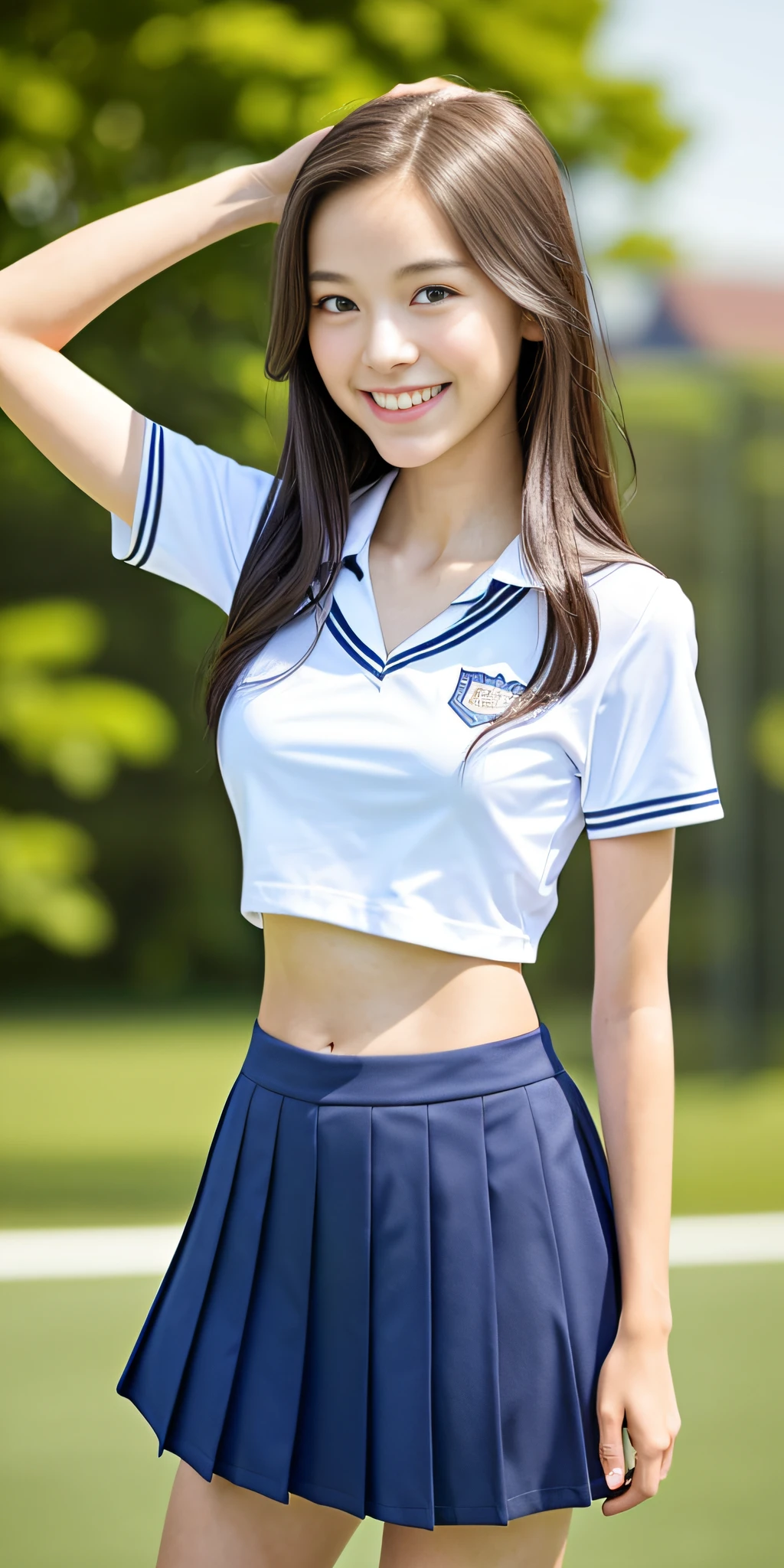 neat college girl, petite person, (school uniform, summer clothes, short sleeves), outside the athletic field, (slim), photorealistic, detail, skin texture, ultra detail, delicate and sexy collarbone, smile, super detailed face, detailed lips, detailed eyes, double eyelids, breast emphasis, navel, constriction