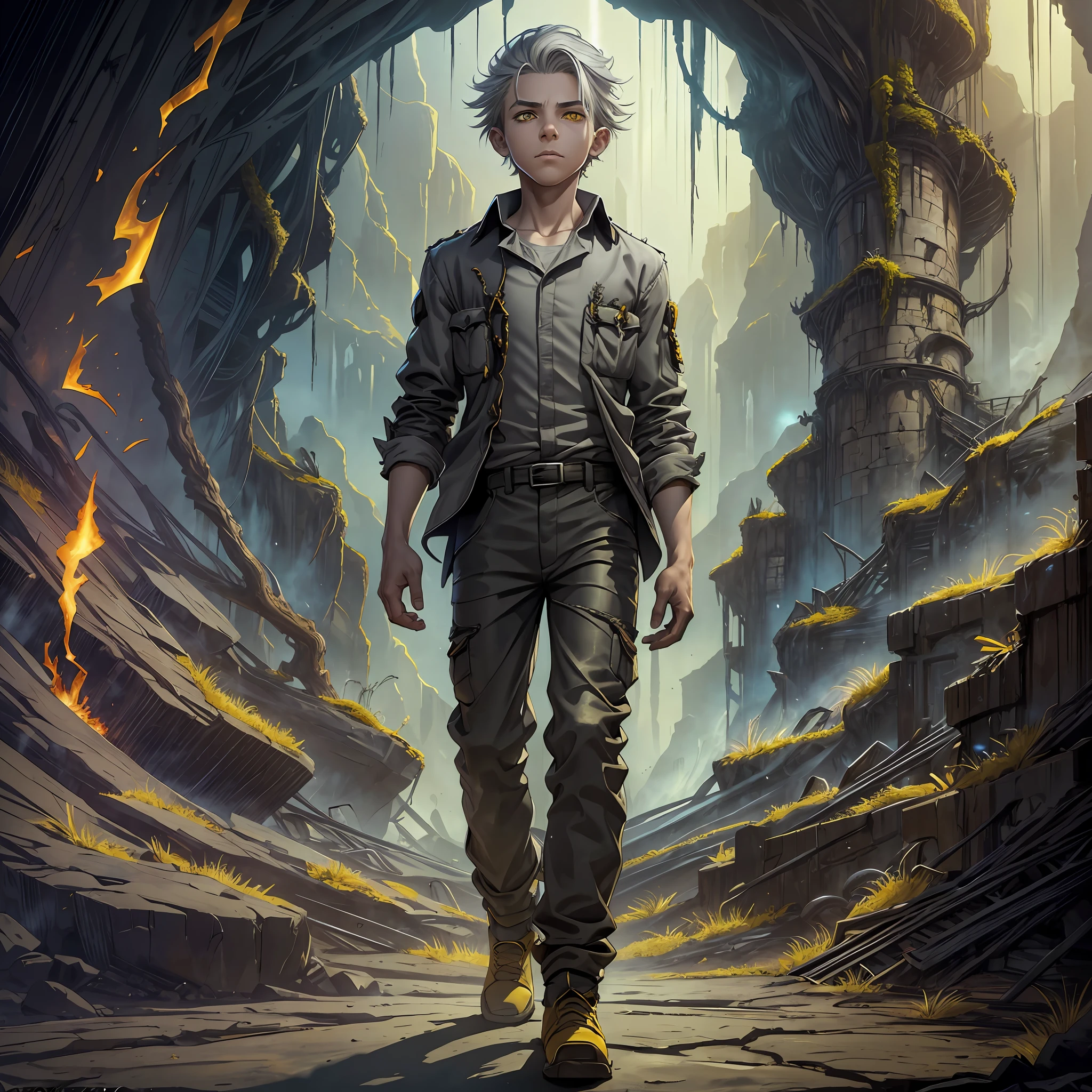 Drawing, fantasy, realism, dynamic pose, detailing, 12-year-old guy, light gray hair, (hair detailing), frightened yellow eyes, (eye detailing), dressed in a shirt and trousers (charred clothing detailing), standing on fire, cave (environment detailing), lots of lava, steps, --auto --s2