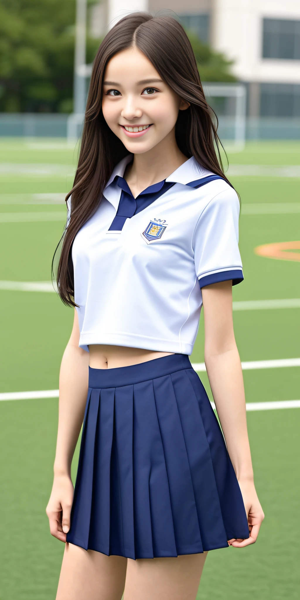 neat college girl, petite person, (school uniform, summer clothes, short sleeves), outside the athletic field, (slim), photorealistic, detail, skin texture, ultra detail, delicate and sexy collarbone, smile, super detailed face, detailed lips, detailed eyes, double eyelids, breast emphasis, navel, constriction