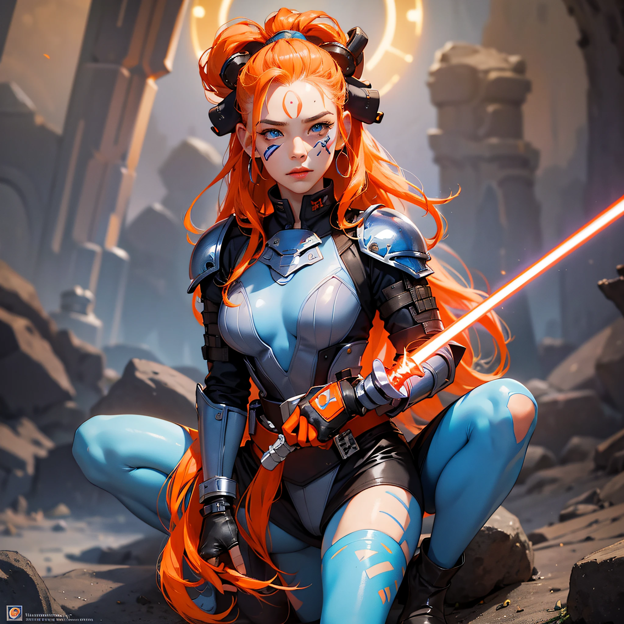 masterpiece, best quality, highres, 1girl, ground, blue eyes, boots, orange skin, gloves, tattoo, tentacle hair, colored skin, face mark, face tattoo, belt, forehead mark, lips, armor, long hair, lightsaber, holding weapon. --auto --s2