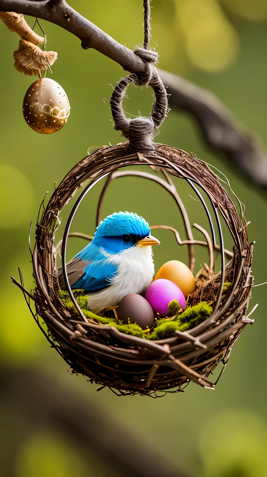 a little cute bird 🐦 on a bird nest with colorful sparkly eggs is hidden on a branch, nature background,branches, dried leaves, moss, growing mushrooms 🍄, fairycore, natural colors, realistic, depth of field, photography, highly detailed