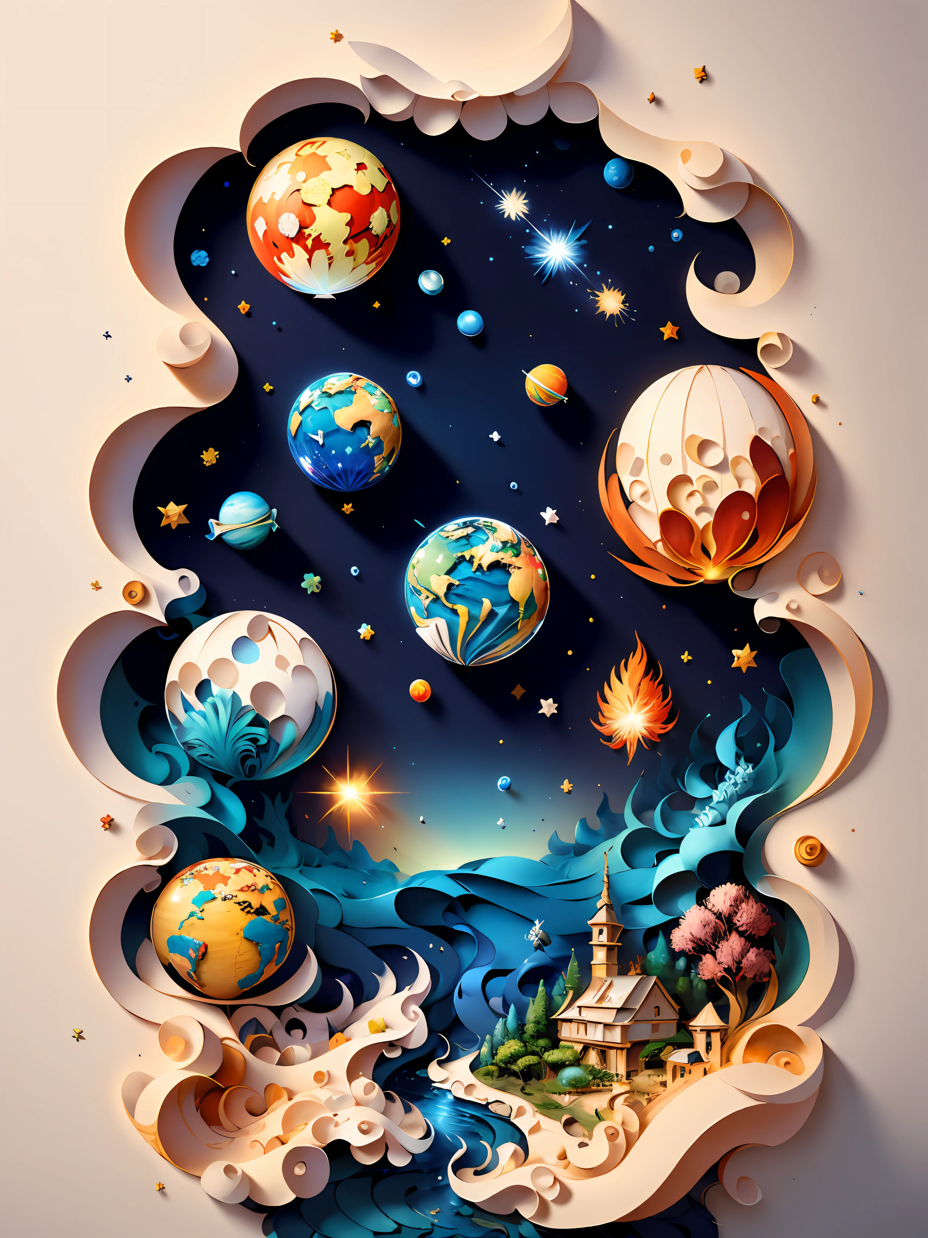 (((masterpiece))), best quality, illustration, earth, water, fire, wind, space, paper_cut,