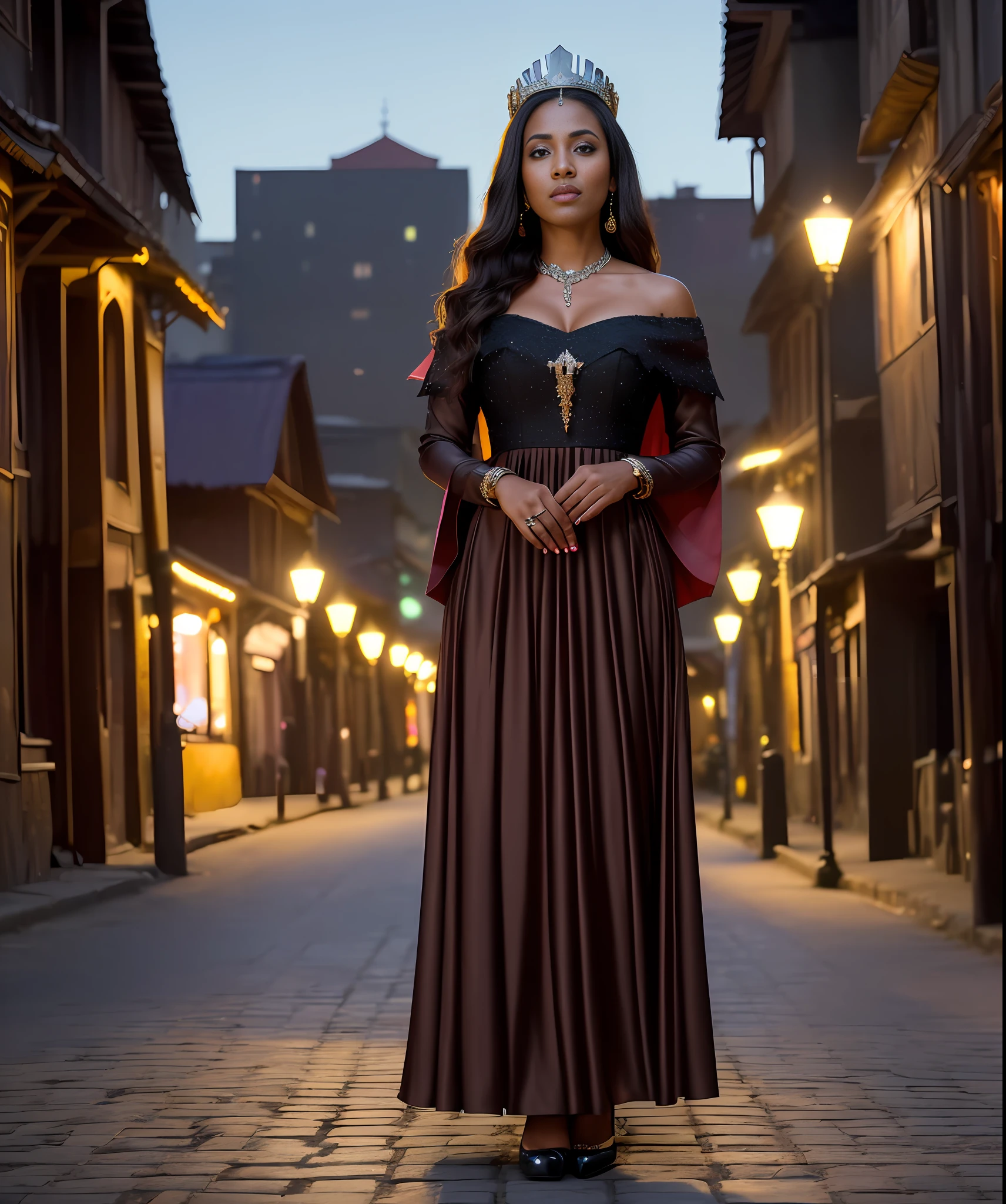 masterpiece, best quality, 8k, sharp focus, ((superrealistic)), high details, raw photo portrait, a 30-year-old woman, black, sorceress, light brown eyes, long red dress, photo on the street, with buildings, village, slum, wooden houses (((night)), dark, on the street, crossroads, (((night))), paved street, photo taken at night, light smile, (((photo taken full body) (((depth of field))):1.8 The expression lines on her face can be seen clearly. The texture of your crown and clothes is exceptionally well detailed.
