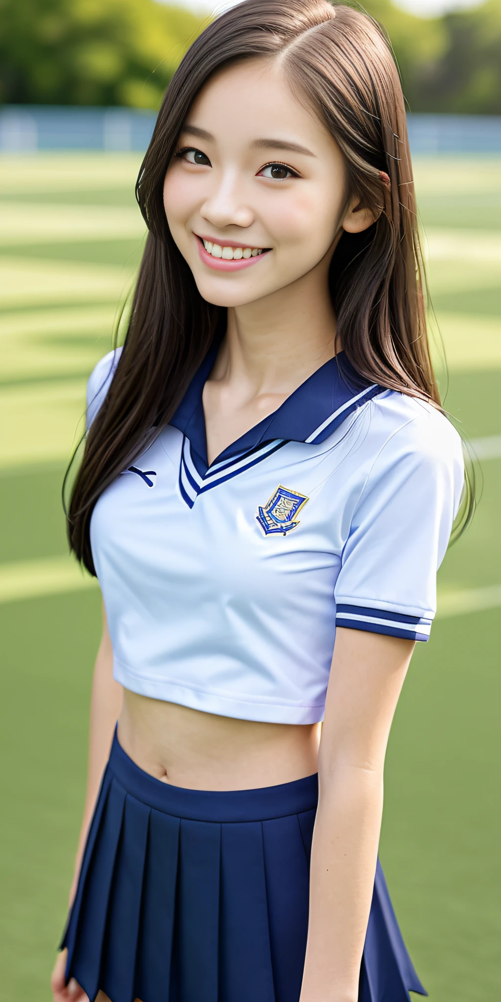 neat college girl, ite person, (school uniform, summer clothes, short sleeves), outside the athletic field, (slim), photorealistic, detail, skin texture, ultra detail, delicate and sexy collarbone, smile, super detailed face, detailed lips, detailed eyes, double eyelids, breast emphasis, navel, constriction