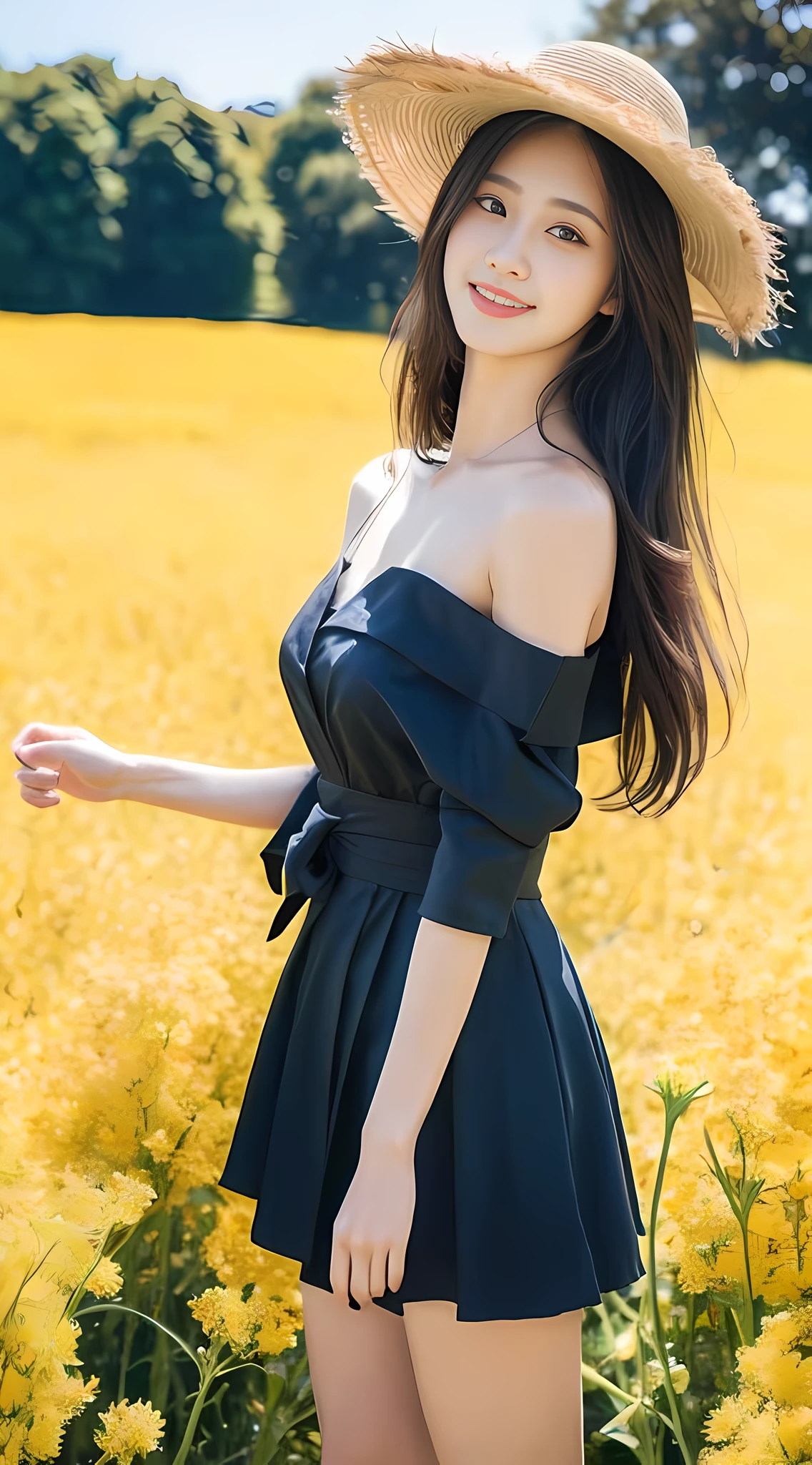 ((Best Quality, 8K, Masterpiece: 1.3)), girl around 20 years old, simple, extremely beautiful and delicate, (light makeup), black hair, with a big hat, sweet smile, delicate and beautiful fair skin, realistic and realistic, delicate and complete facial features, detailed face portrayal, obsidian-like beautiful big eyes, high nose bridge, red lips, beautiful gentle beautiful girl, flowing smooth hair, extremely delicate hair, feminine temperament, face light, surreal, realistic, 8K picture quality, extreme details, Realistic details, master works, realistic extreme, body, absolutely beautiful, pure desire, stunning beauty, peerless beauty, highest image quality, 8k resolution, goddess, smile, fine facial features, long hair and waist, long thick legs, beautiful dress, sunshine, facing the camera, well-proportioned and firm figure, gentle eyes, exposed thighs, in a beautiful rape flower field, full body photo