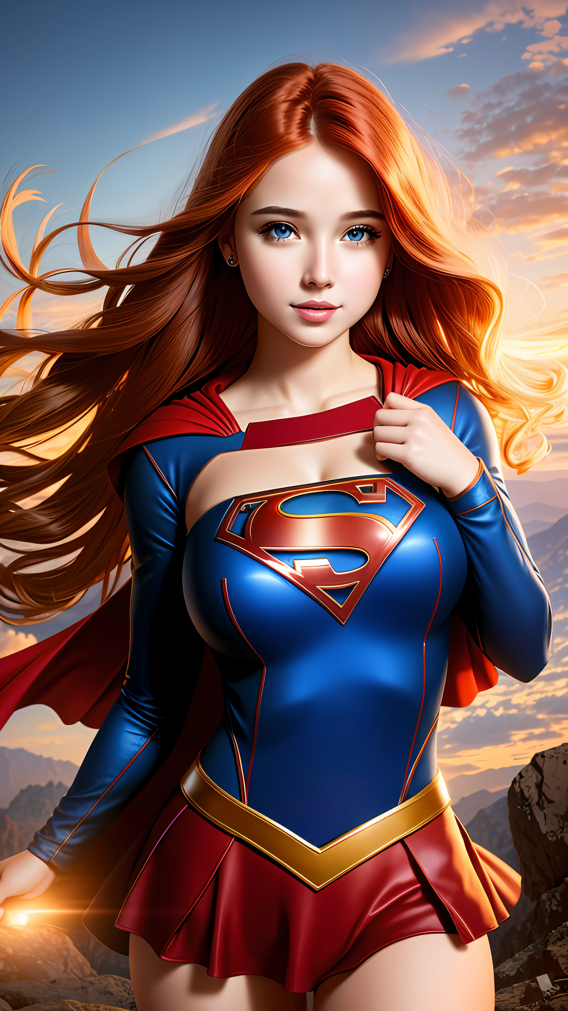 photographic portrait of Supergirl, colorful and realistic round eyes, dreamy magical atmosphere, superheroine costume, redhead (large breasts: 1.3),