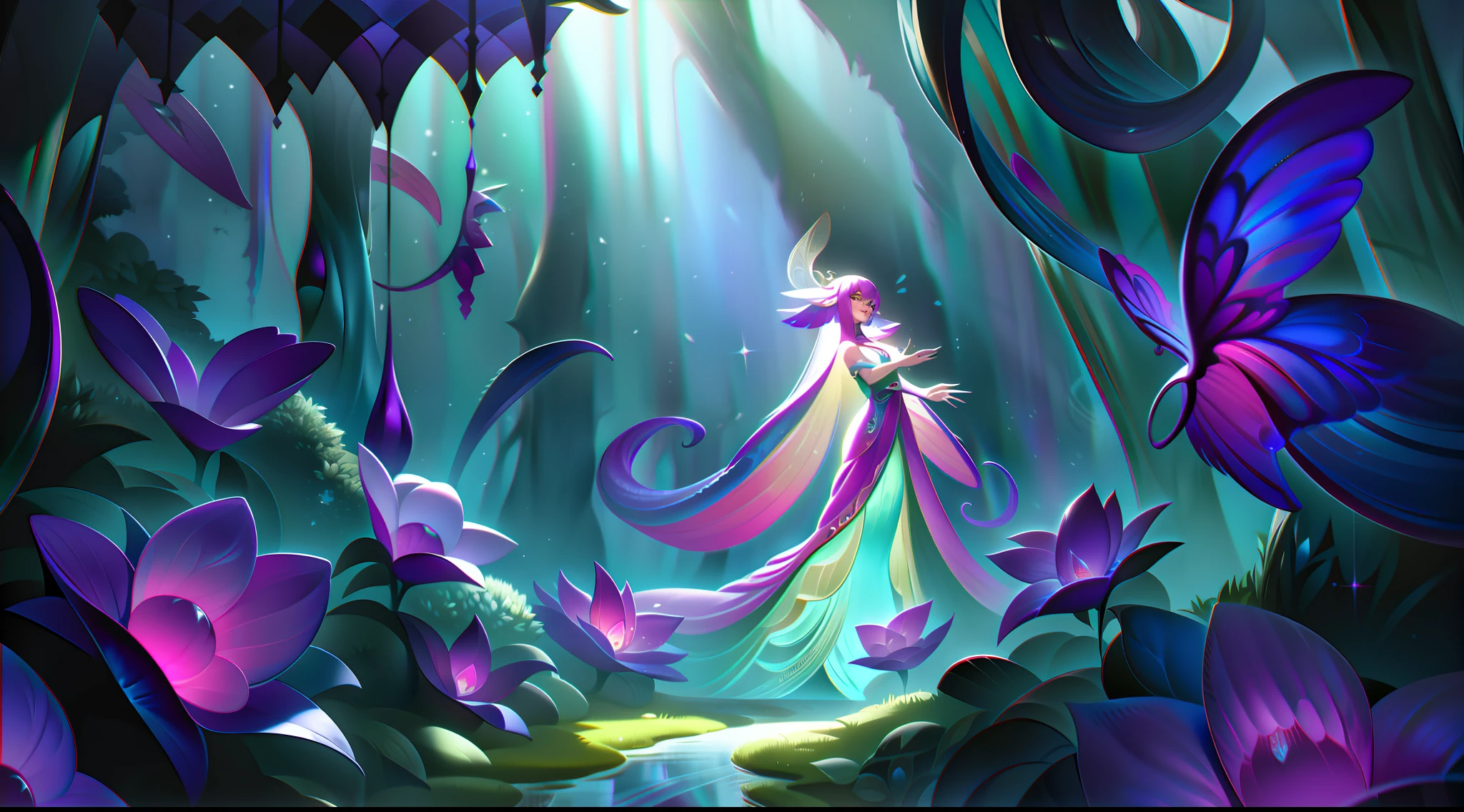 Laafaere, the Enchanted Chrysalis, is depicted in their splashart as a captivating and fantastical creature, merging the ethereal qualities of a faerie with the transformative aspects of a caterpillar. The scene is set in a whimsical, enchanted forest, where vibrant flora and mystical lights illuminate the surroundings.
Laafaere possesses the delicate and ethereal form of a faerie, with translucent wings that shimmer with iridescent colors. Their body, however, bears a unique characteristic: a long, vibrant caterpillar tail that gracefully coils and extends behind them. The tail is adorned with intricate patterns and vivid markings, hinting at the transformative powers they possess.
With a serene expression, Laafaere emanates an aura of enchantment and magic. Their eyes sparkle with a mischievous light, reflecting their whimsical nature. Their delicate hands are extended, conjuring mystical energies that swirl around them, creating an ethereal and dreamlike ambiance.
The enchanted forest in the background is teeming with life and color. Gigantic mushrooms, glowing flowers, and luminous vines create a mystical tapestry. Rays of golden sunlight filter through the foliage, casting a warm and inviting glow upon the scene. Wisps of magical energy dance through the air, reflecting the magic that surrounds Laafaere.
The color palette is a vibrant mix of pastel shades, including soft greens, delicate pinks, and iridescent blues. The interplay of light and shadow adds depth and dimension to the image, while the pops of vivid color enhance the enchanting atmosphere, splashart, linhas de corpo, cores vibrantes, detalhes requintados, cinematográfico, artstation, rosto detalhado, por rossdraws, por Kienan Lafferty