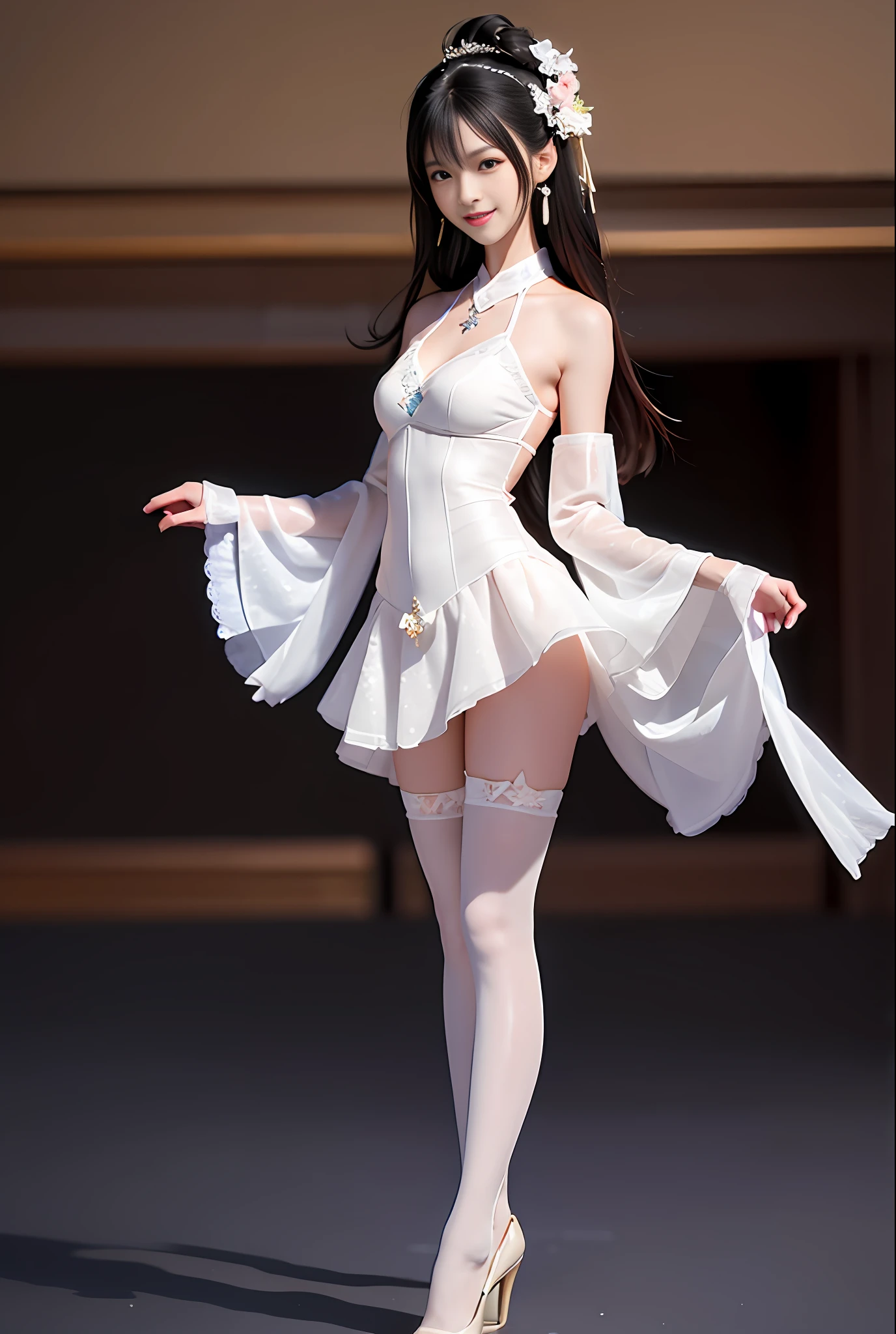 smiling minchen, pantyhose, ridiculous, mouth closed, balanced eyes, (best quality detail: 1.2), realistic, 8K hd, ultra-detailed, high quality texture, complex detail, detailed texture, fine detail, high detail, very detailed CG, high quality shadow, delicate beautiful delicate face, (delicate beautiful delicate eyes: 1.32), ray tracing, (a beautiful 25 year old cute Japanese lady:1),, tall woman, beautiful legs, glowing eyes, blush, perfectly petite, thin , group of men looking around, black pantyhose, extra long hair, sunlight, earrings, necklace, model, looking at the audience, dynamic pose, full body, standing, showing beautiful legs, smooth stockings, topless, transparent bra, round breasts, looming, 1 girl, dark room, unexpected dew point, seductive, stocking fetish, beautiful feet, rubbing