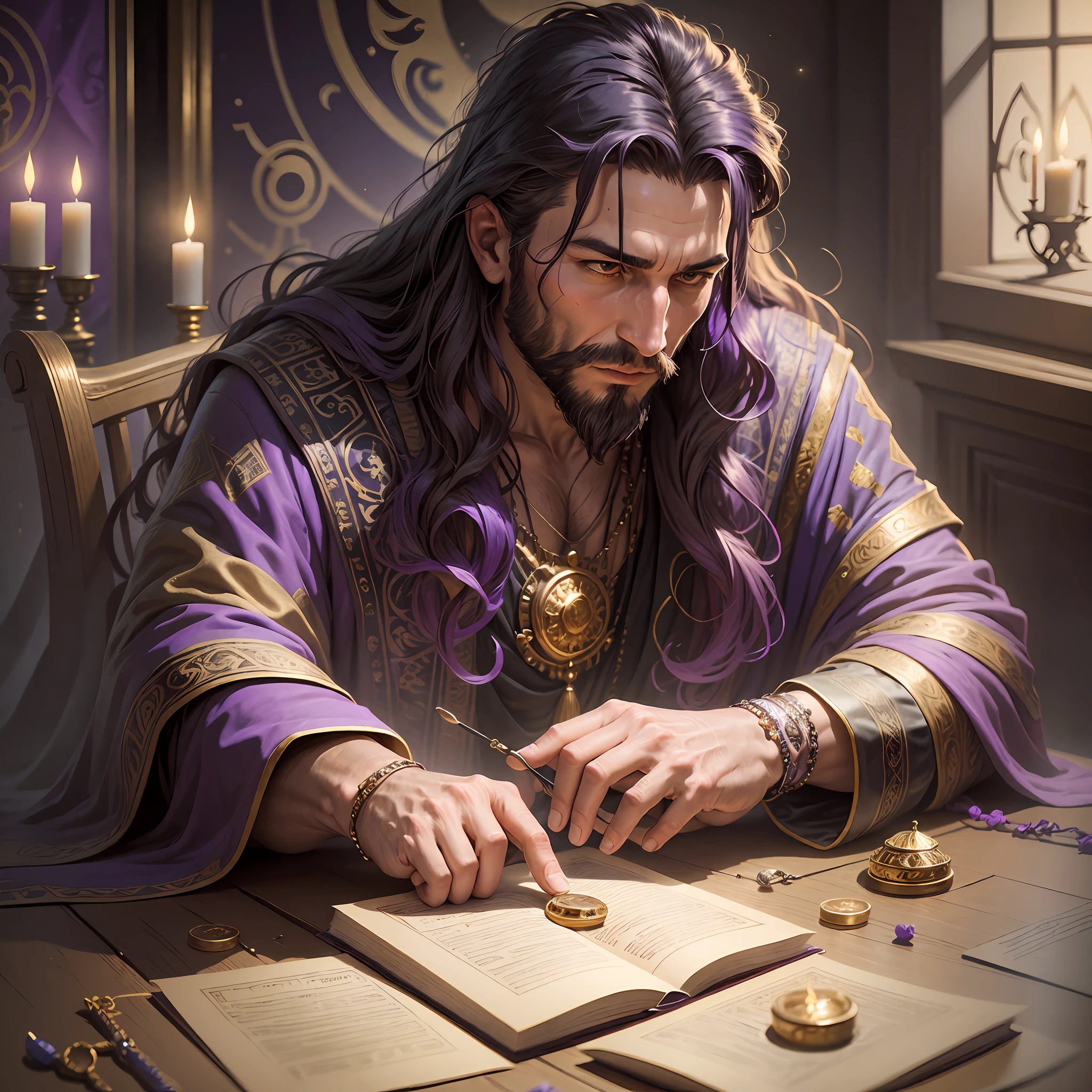 A long-haired gypsy man playing tarot cards in a mystical room. He is sitting in a purple velvet chair, wearing colorful and traditional clothes. The room is decorated with purple velvet on the walls and has a mysterious atmosphere. On the table in front of him, there is a deck of tarot scattered, and the man is focused on his readings. Golden coins are scattered on the table, adding a touch of brilliance to the scene. The lighting is soft, coming from candles, which create a mystical aura in the room. --auto --s2
