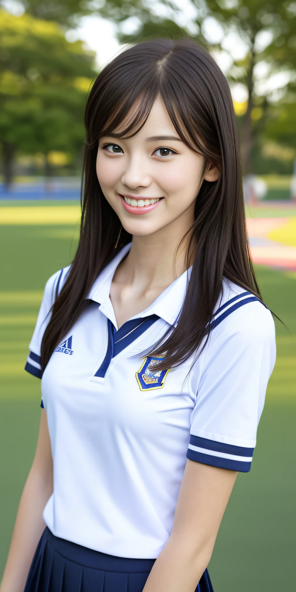 neat college girl, ite, (school uniform, summer clothes, short sleeves), outside the athletic field, (slim), photorealistic, detail, skin texture, ultra detail, delicate sexy collarbone, smile, super detailed face, detailed lips, detailed eyes, breast enhancement, waist thin