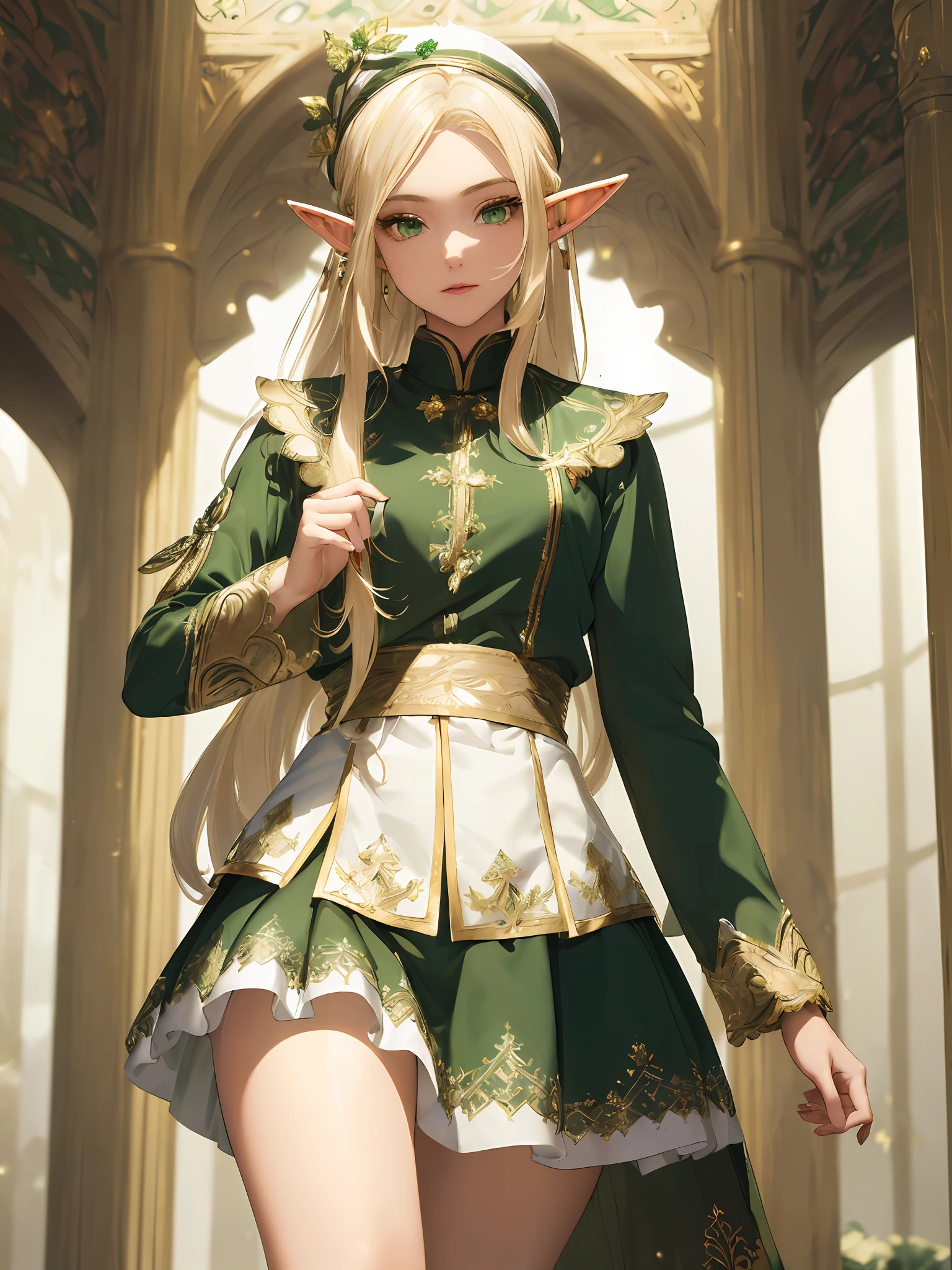 (((Masterpiece, Best Quality, High Definition, High Detail)))), One, (((Elf Woman))), (White Short Skirt with Gold Embroidery), (Blonde Long Straight Hair), (Glossy Dark Green Eyes), (Green Surcoat with Gold Embroidery), Big