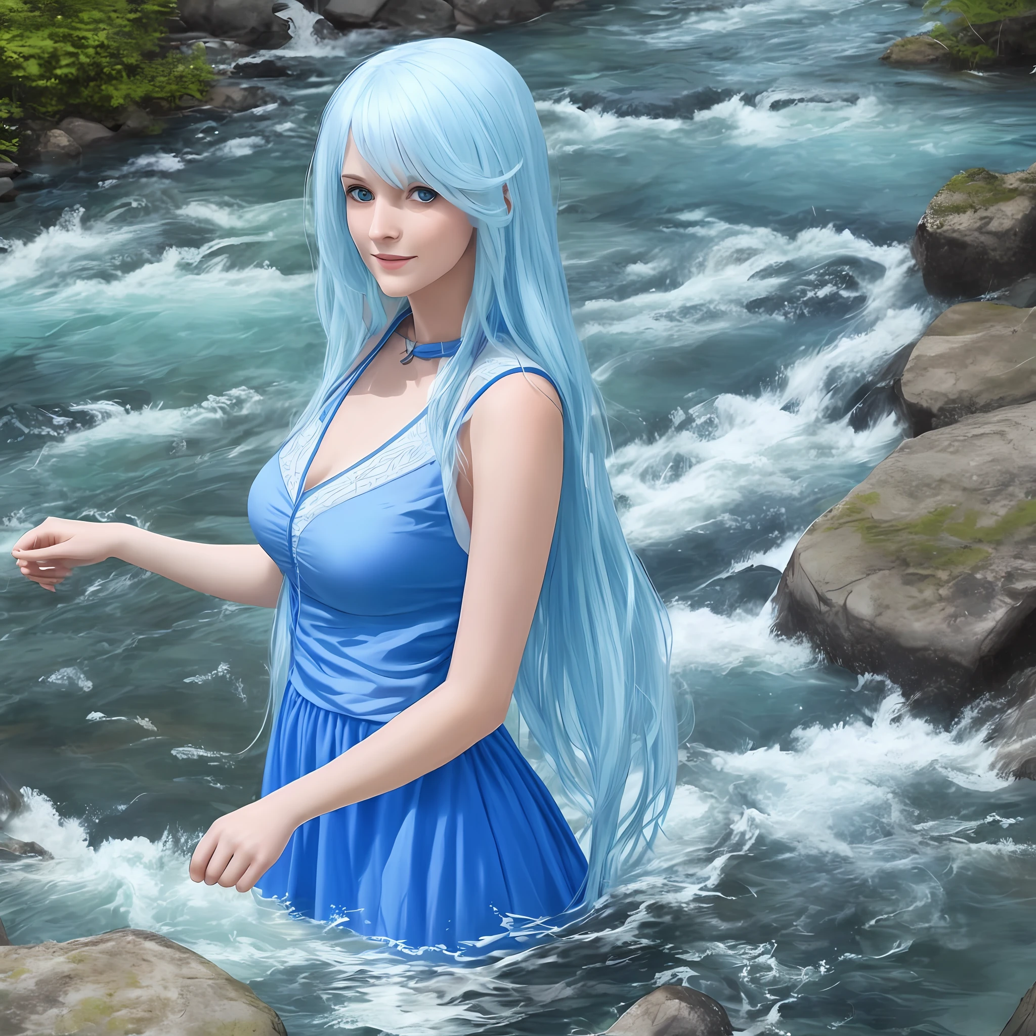 Tall beautiful woman with light blue hair in a river cemario