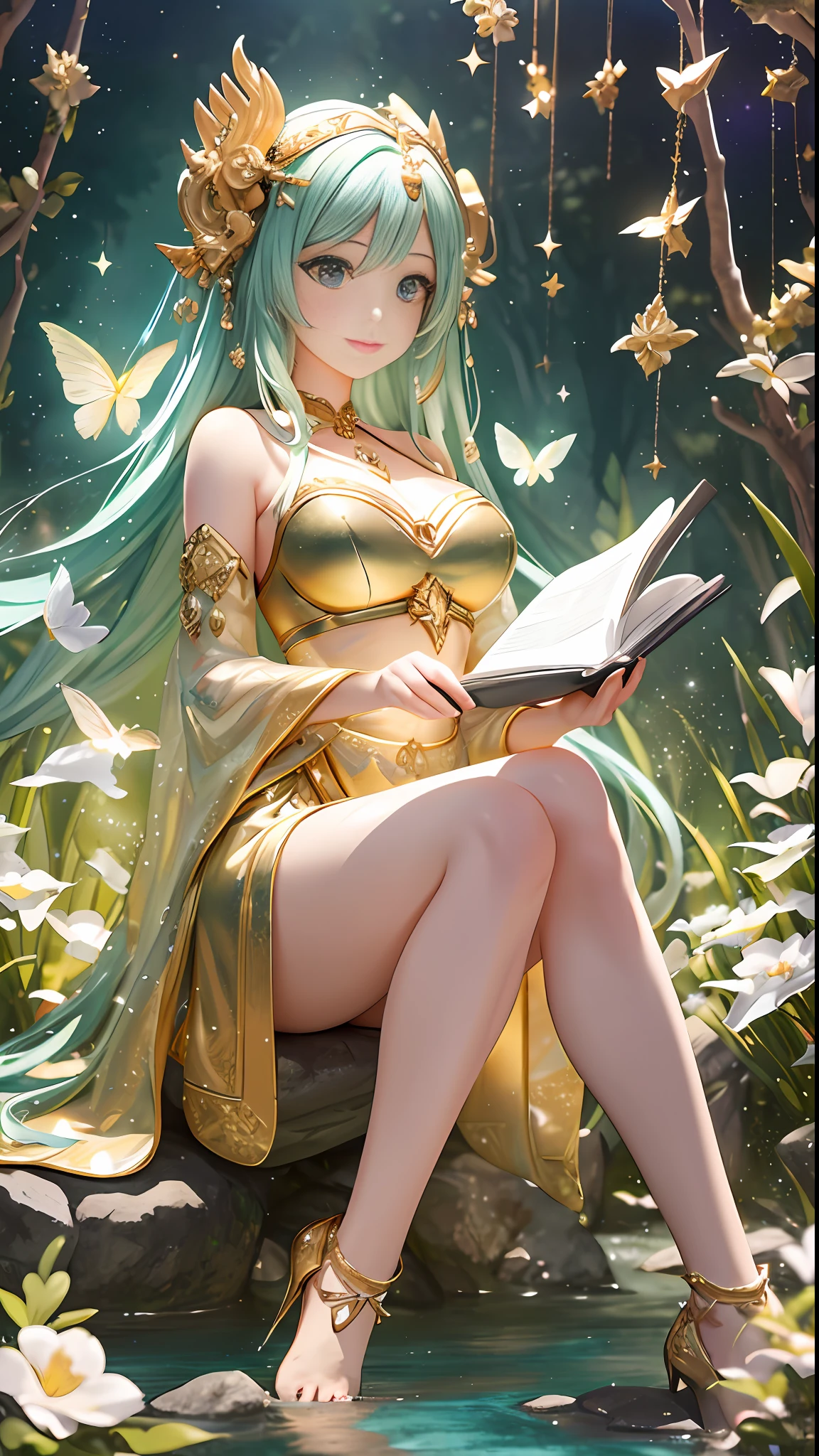 Goddess of the Moon perfect face, sitting on a rock in the forest, reading a magical book, with a stream flowing at her feet, with lit candles illuminating the whole stream, realistic face, flowers and butterflies, R.Giger, WLOP, Artgerm, abstract art, intricate watercolor painting, digital painting, explosion of colors, conceptual art, volumetric lighting, metallic reflections, swirls of glitter, Deco glow, dripping liquid stars and galaxies, 3D render, 8k. Milkyway Galaxy, trend in artstation