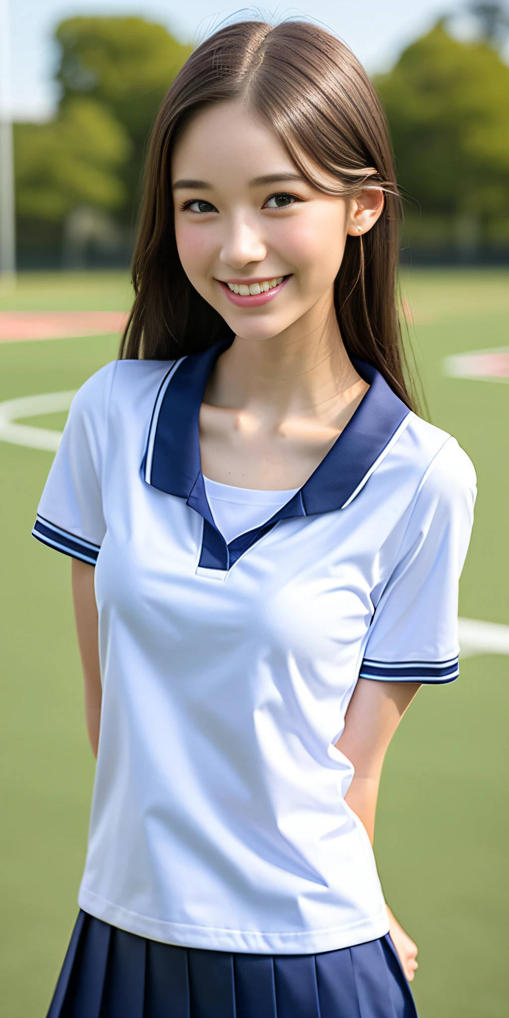 neat college girl, petite, (school uniform, summer clothes, short sleeves), outside the athletic field, (slim), photorealistic, detail, skin texture, ultra detail, delicate sexy collarbone, smile, super detailed face, detailed lips, detailed eyes, breast enhancement, waist thin