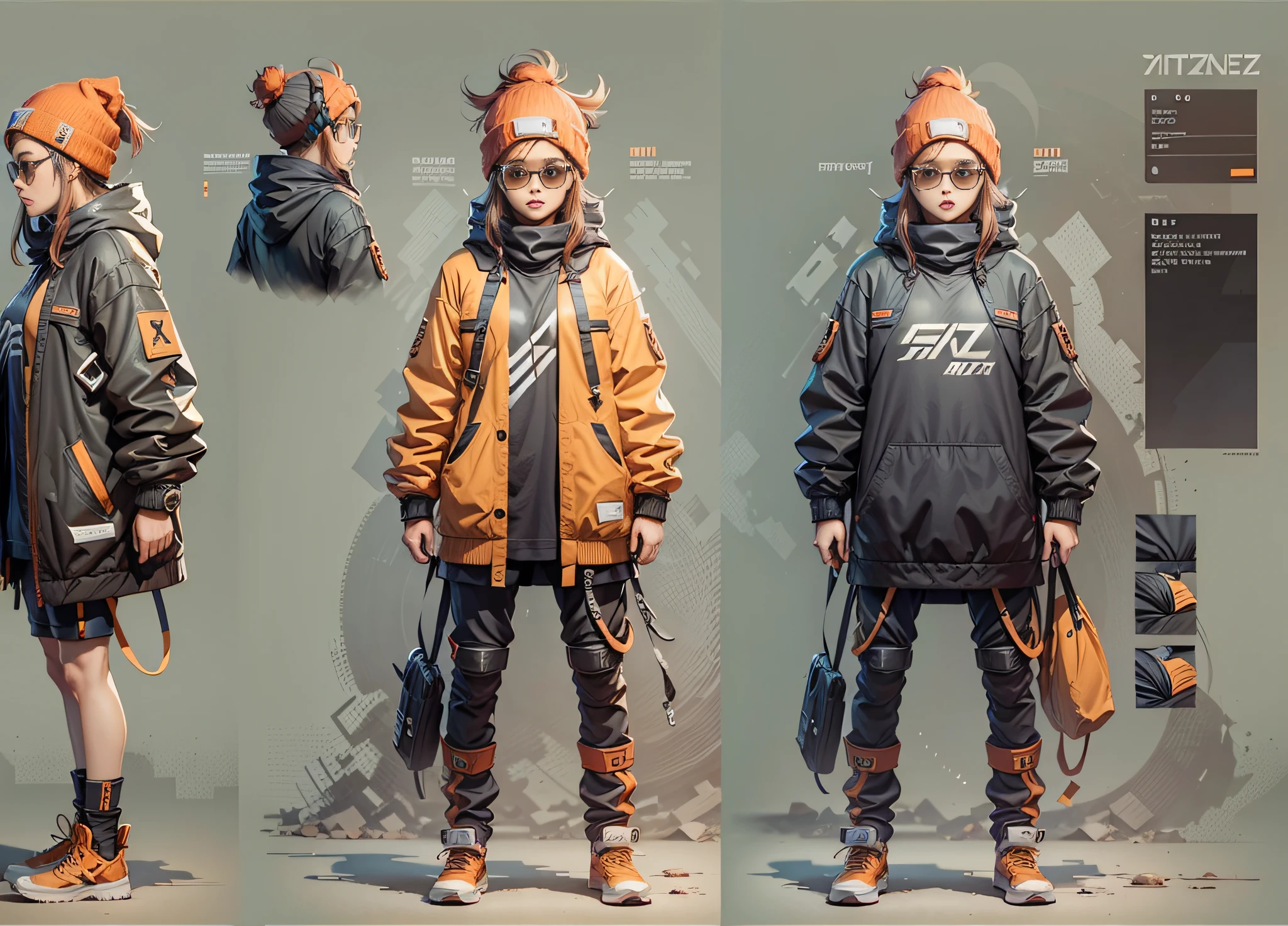 PROMPT:
CHARACTER TURNAROUND
SHEET,THREE-VIEWDRAWING,FULL
BODYSHOT,GAMECHARACTER
DESIGN,BYXIAOFEIYUE,GIRL
WEARING SUNGLASSES AND A
BEANIE,VICTORNIZO∨TSE∨,ORANGE
BACKGROUND,--AR 16:12--STYLE
EXPRESSIVE