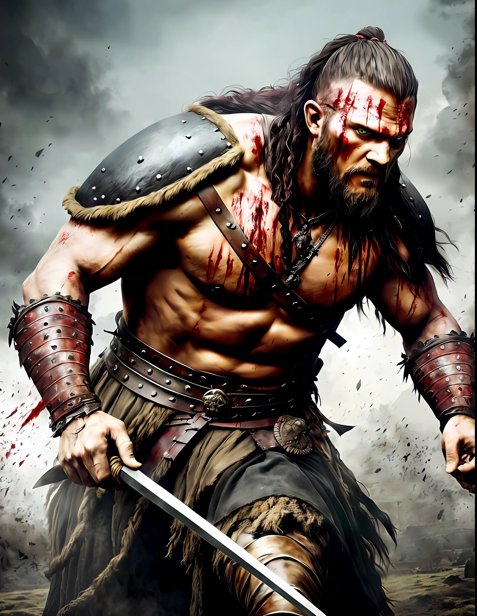 Creaking from the Vikings series, riding a black horse, with a spear in his hands slaughtering a zombie and with the zombie's head in one hand, the panza in another, part of his face covered in blood, Ragnar looks up angrily --auto --s2