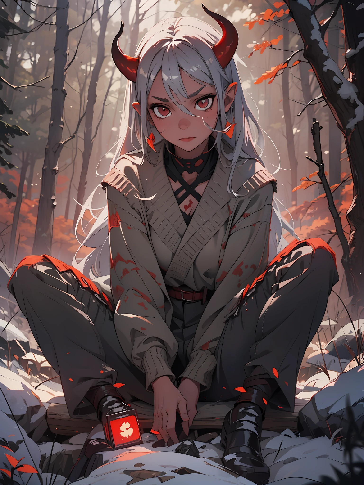 ghost, demon girl, scar on face, horn, gray hair, detailed, bright (red skin:1.2), forest night, sitting on a rock, sleeping, detailed face, katana, loose pants, health, movie lighting,