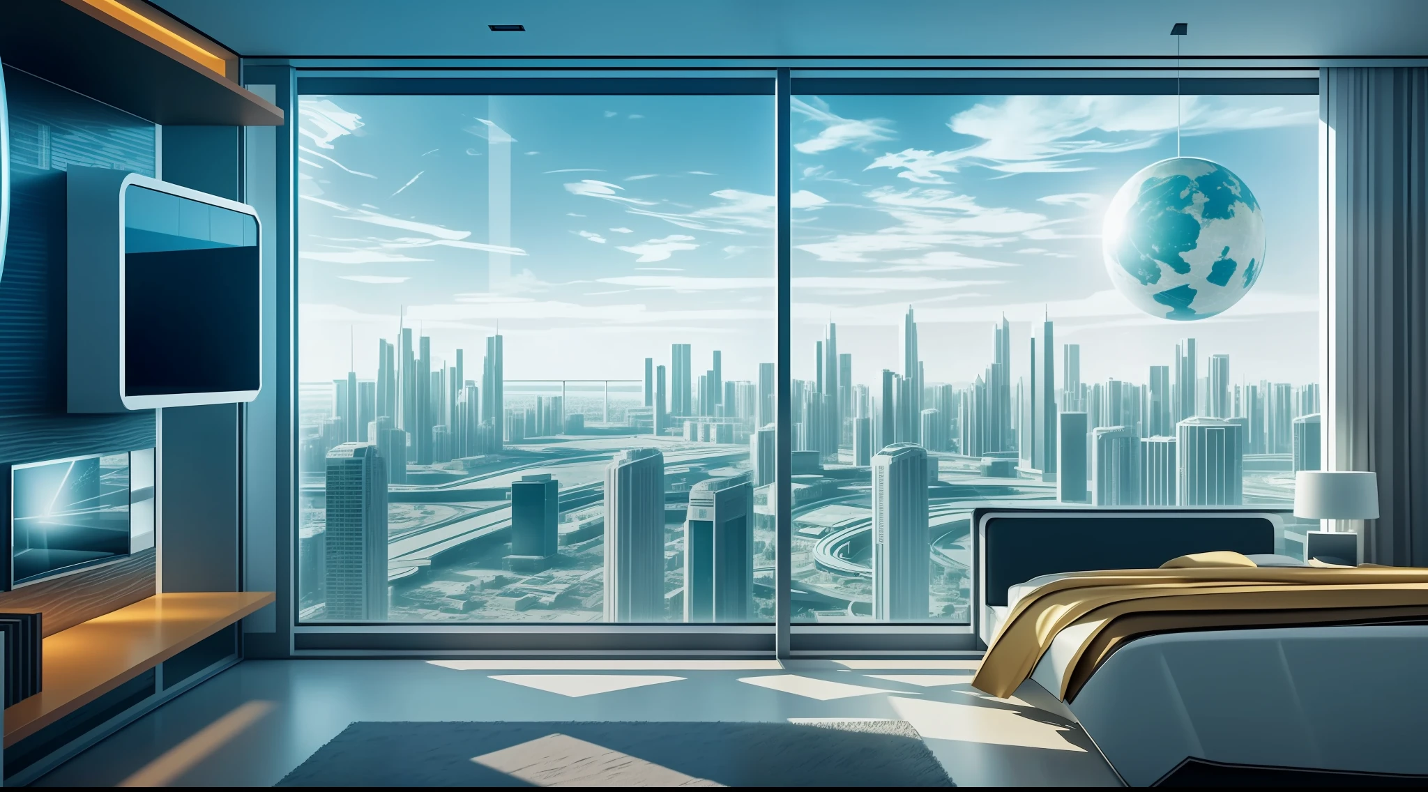 Internal view of a technological apartment with a large window overlooking a futuristic world with ultra-technological elements and overdeveloped citizens living 1000 years from now