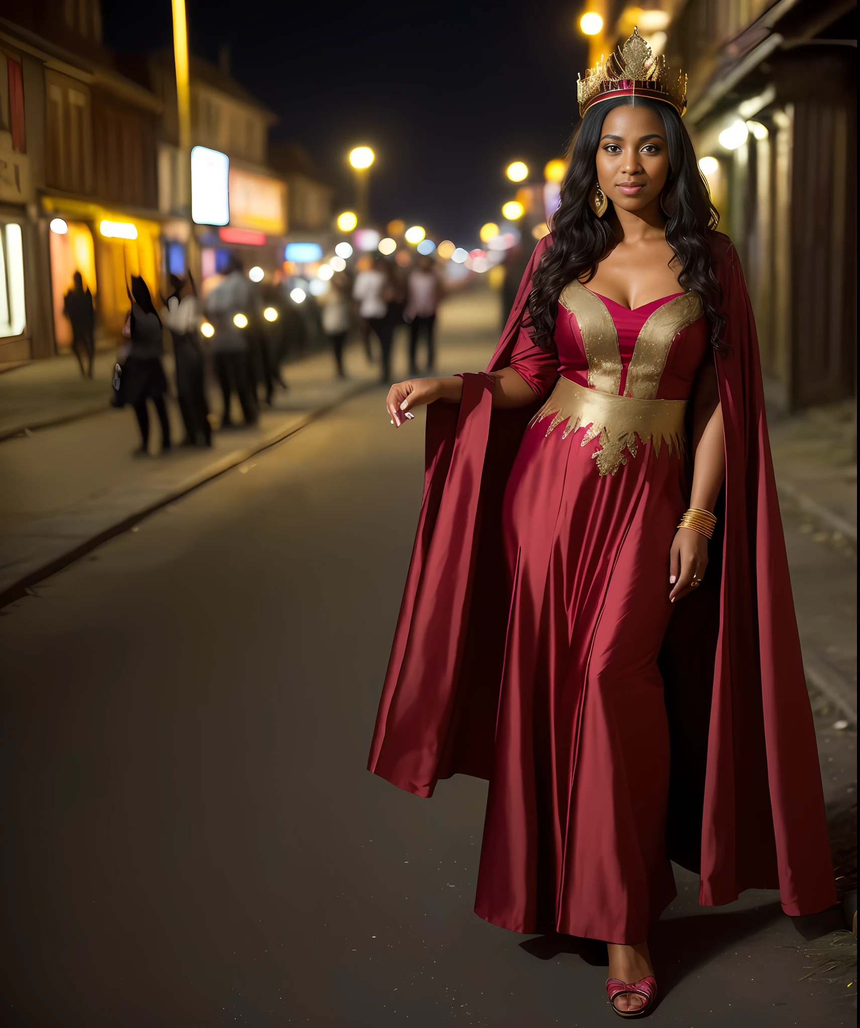 masterpiece, best quality, 8k, sharp focus, ((superrealistic)), high details, raw photo portrait, a 30-year-old woman, black, sorceress, light brown eyes, long red dress, photo on the street, with buildings, village, slum, many wooden houses (((night)), dark, on the street, crossroads, (((night))), stone street, photo taken at night, seductive smile of slight, (((photo taken full body) (((depth of field))):1.8 The expression lines on his face can be seen clearly. A Texture of your crown and clothes is exceptionally super detailed.